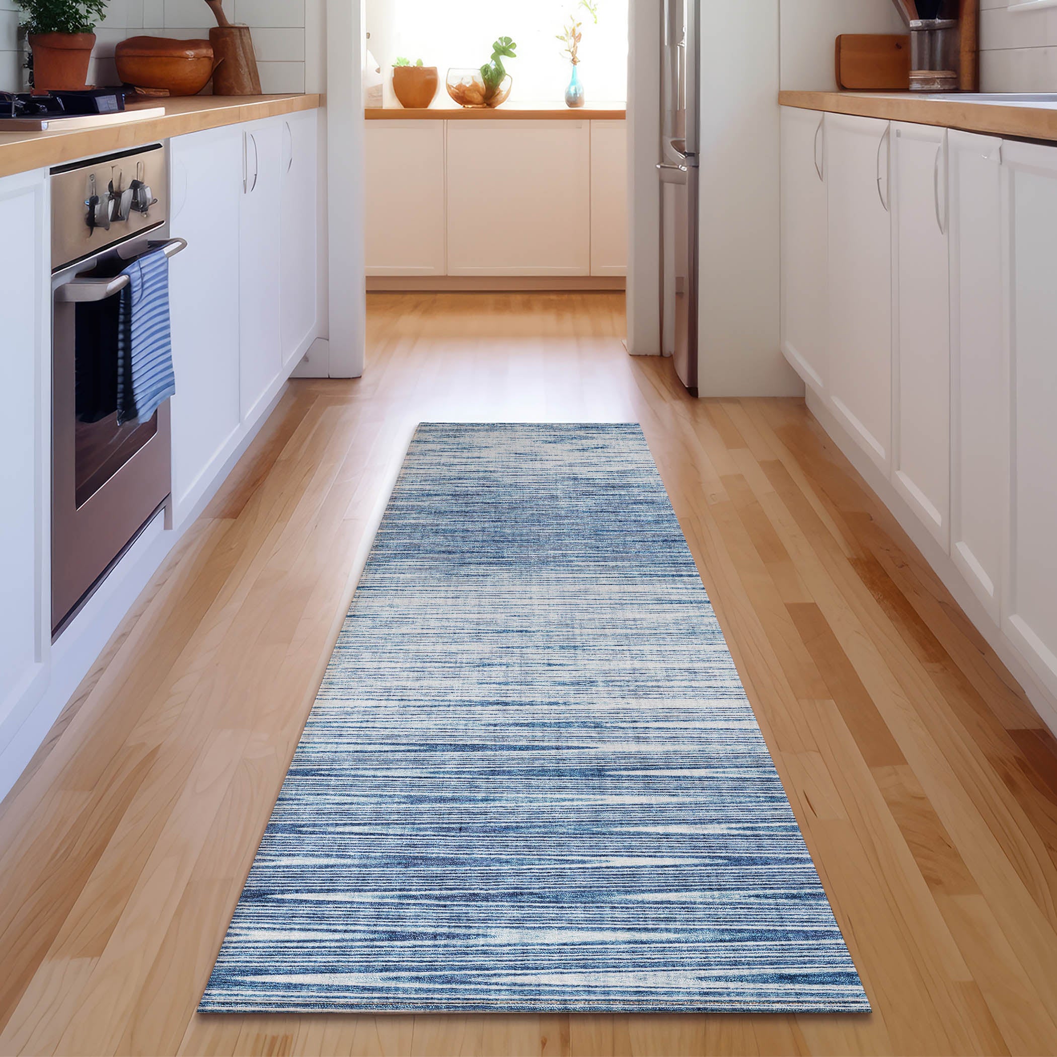 Budapest Machine Washable Transitional Blue Rug 2'3" x 7'6" #shape_Runner