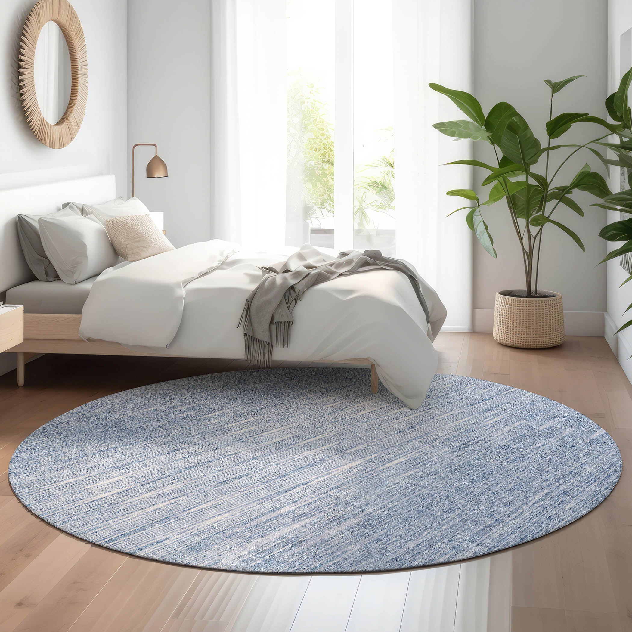 Budapest Machine Washable Transitional Denim Blue Rug 8' x 8' #shape_Round