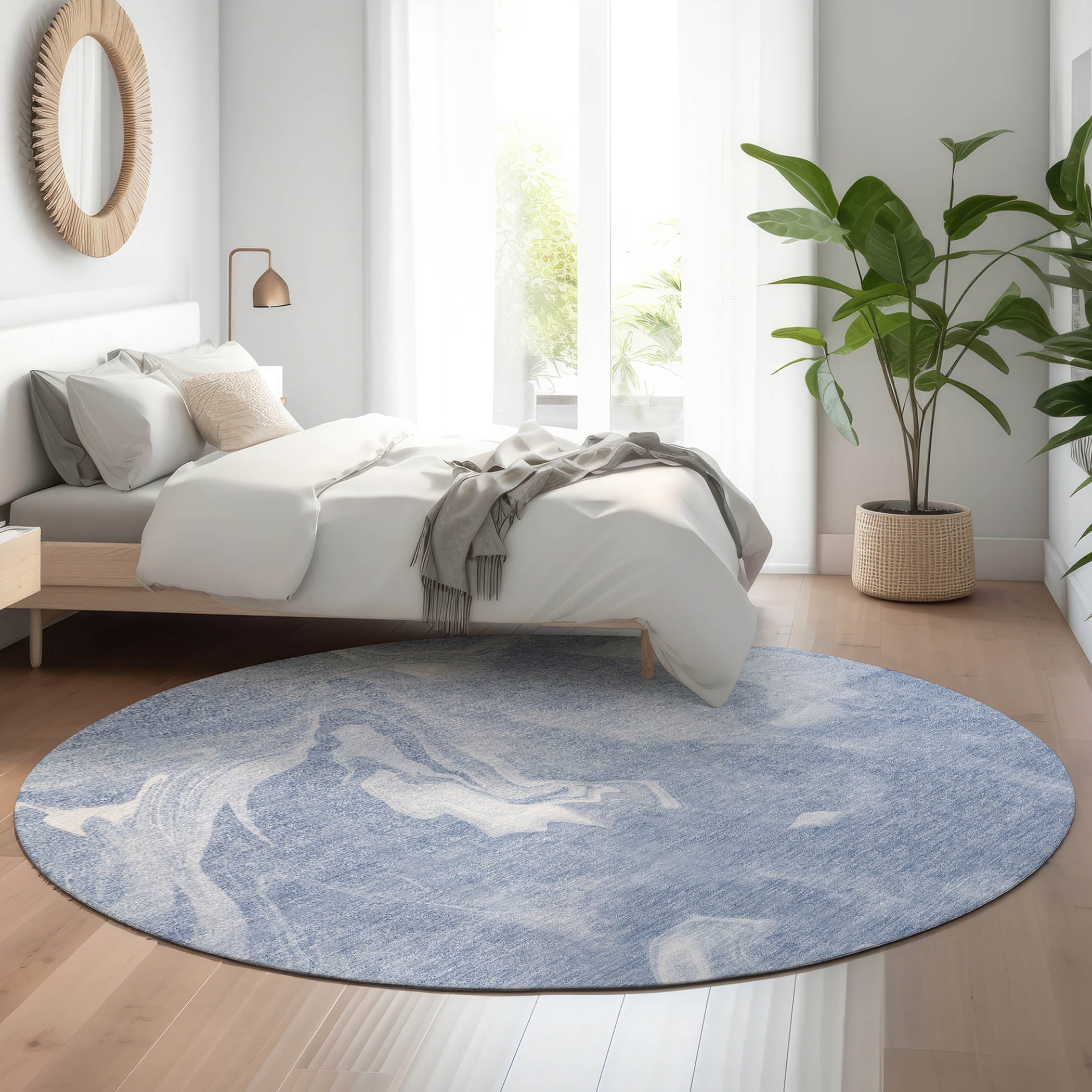 Kyoto Machine Washable Transitional Blue Rug 8' x 8' #shape_Round