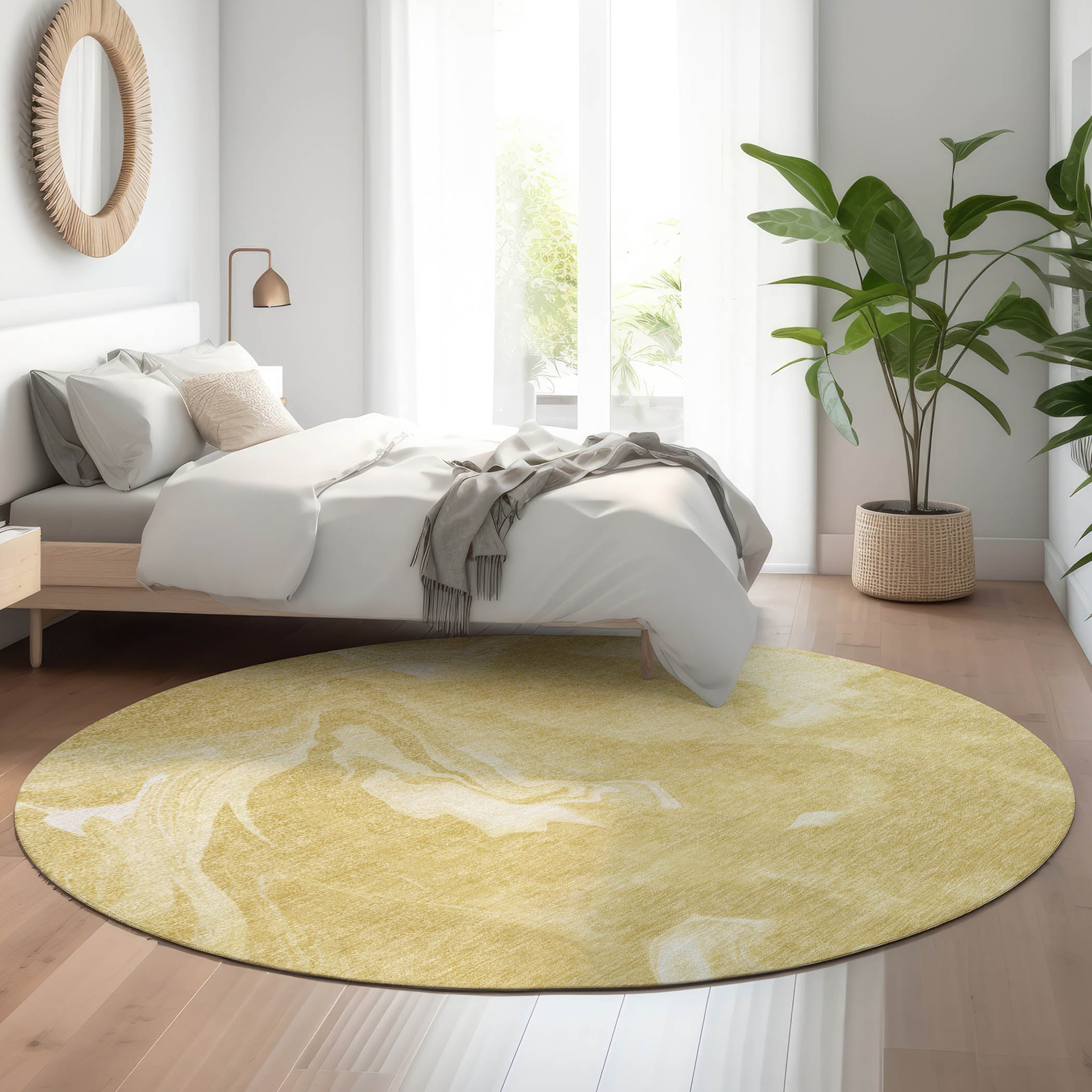 Kyoto Machine Washable Transitional Gold Rug 8' x 8' #shape_Round