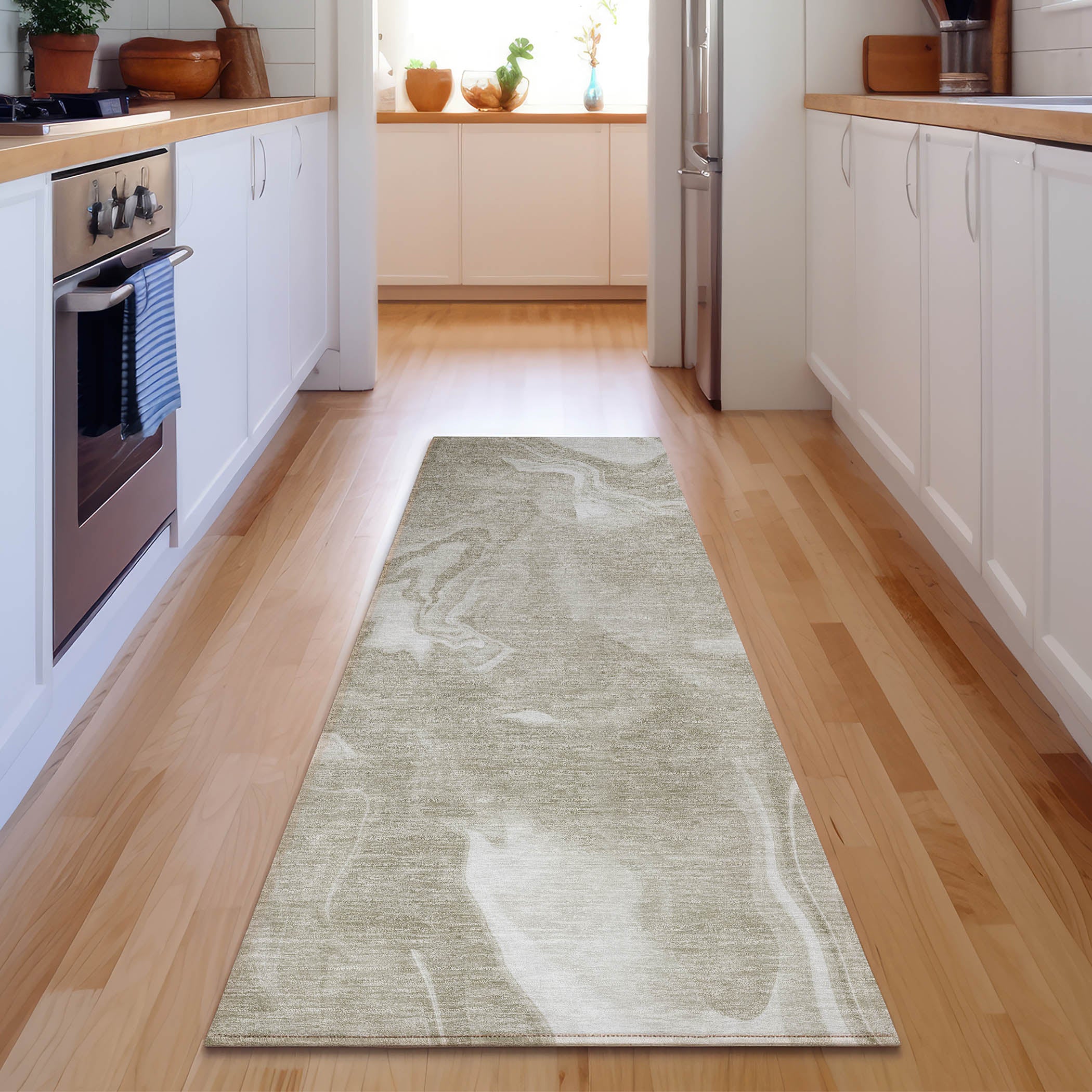 Kyoto Machine Washable Transitional Taupe Brown Rug 2'3" x 7'6" #shape_Runner