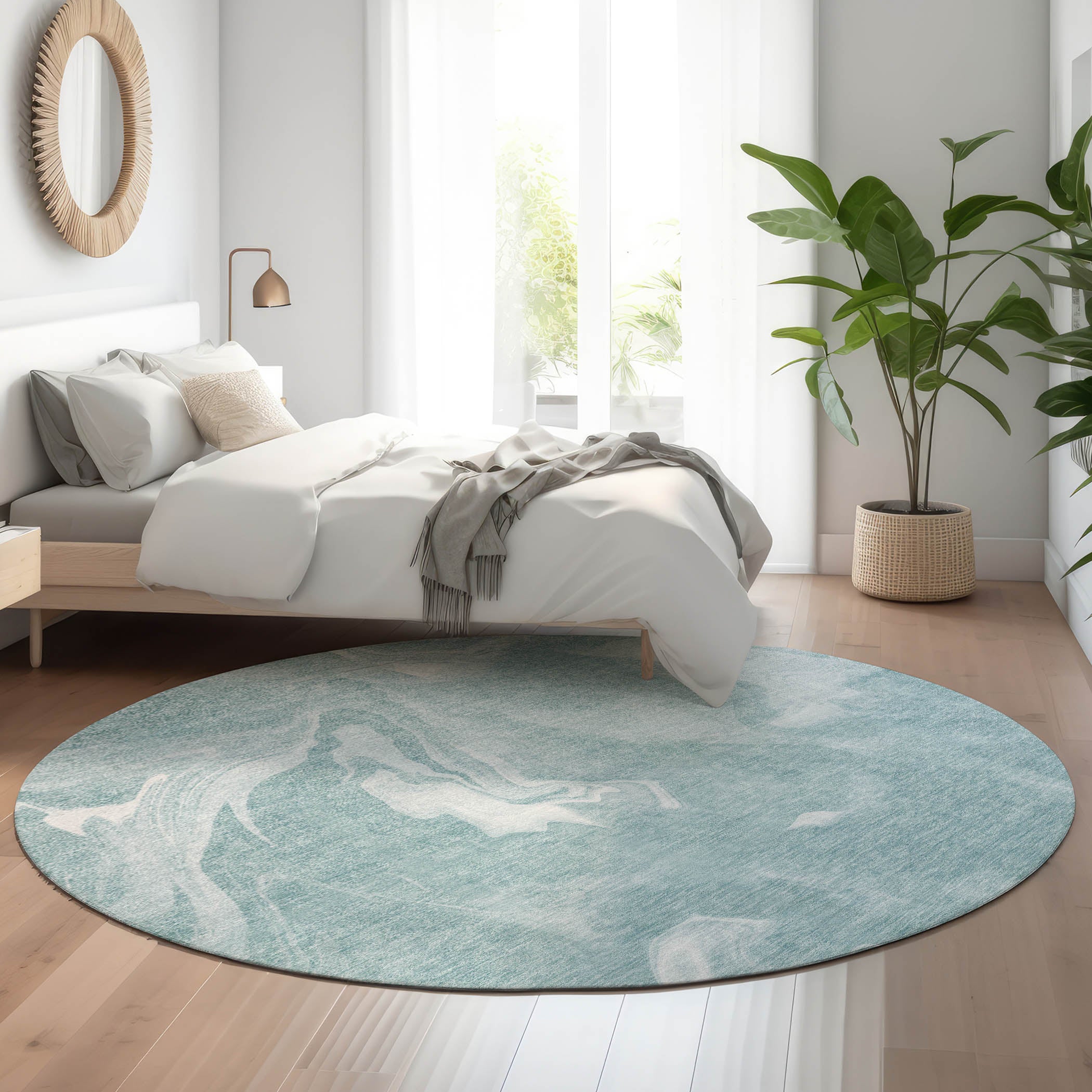 Kyoto Machine Washable Transitional Teal Rug 8' x 8' #shape_Round