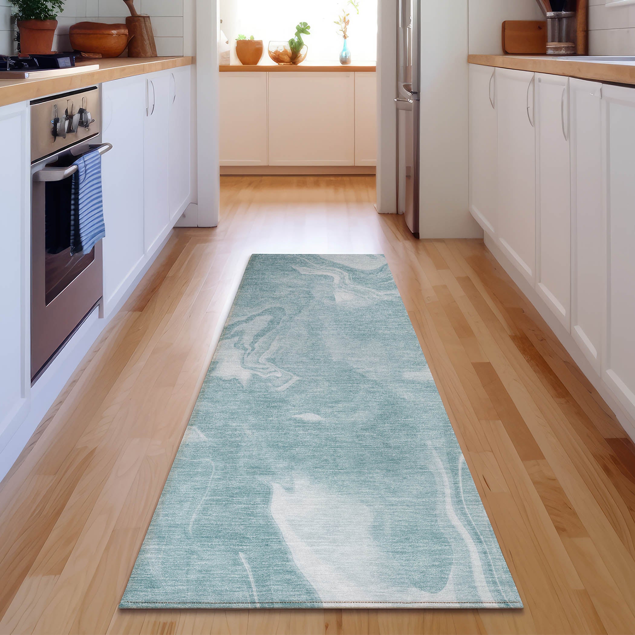 Kyoto Machine Washable Transitional Teal Rug 2'3" x 7'6" #shape_Runner