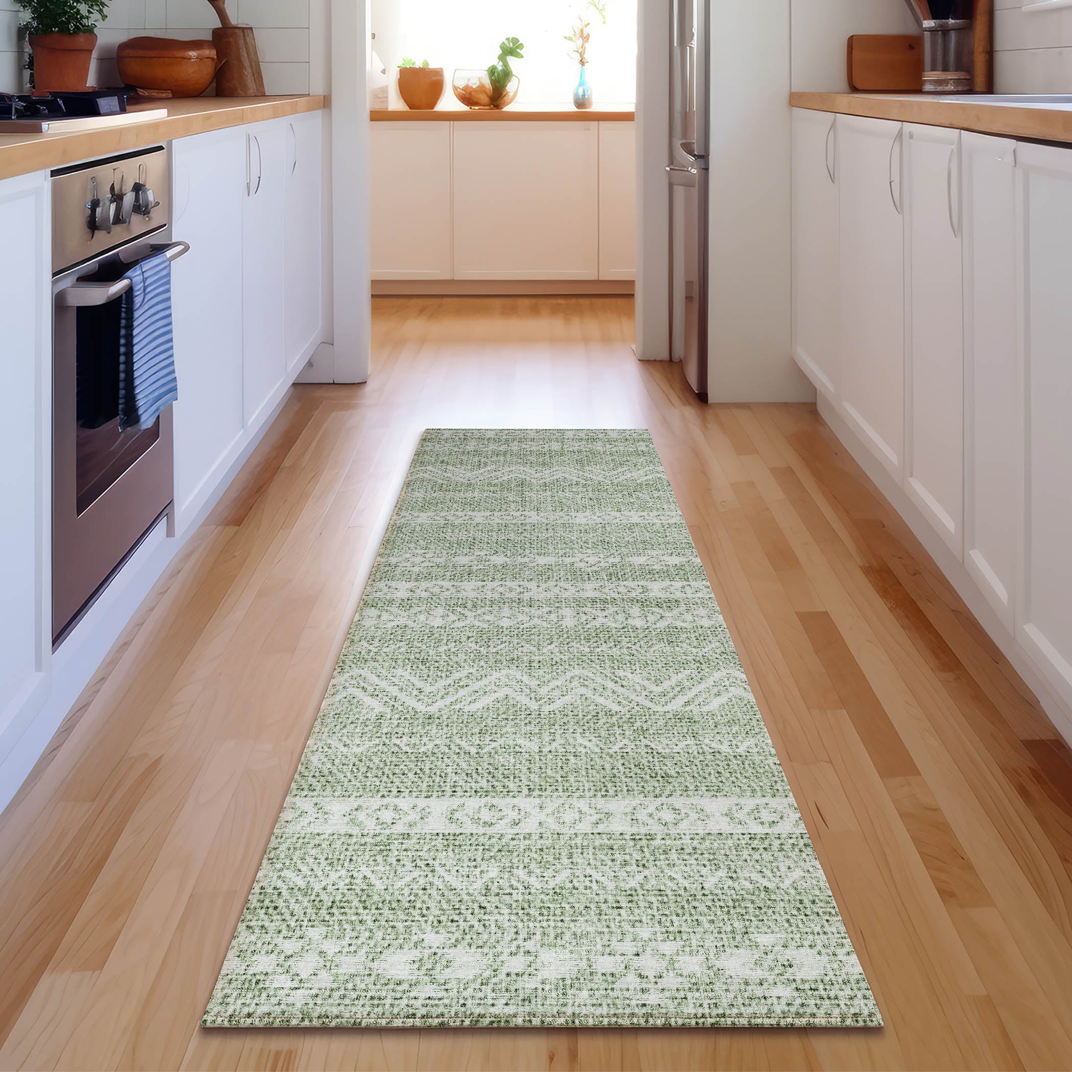 Sarajevo Machine Washable Transitional Aloe Green Rug 2'3" x 7'6" #shape_Runner