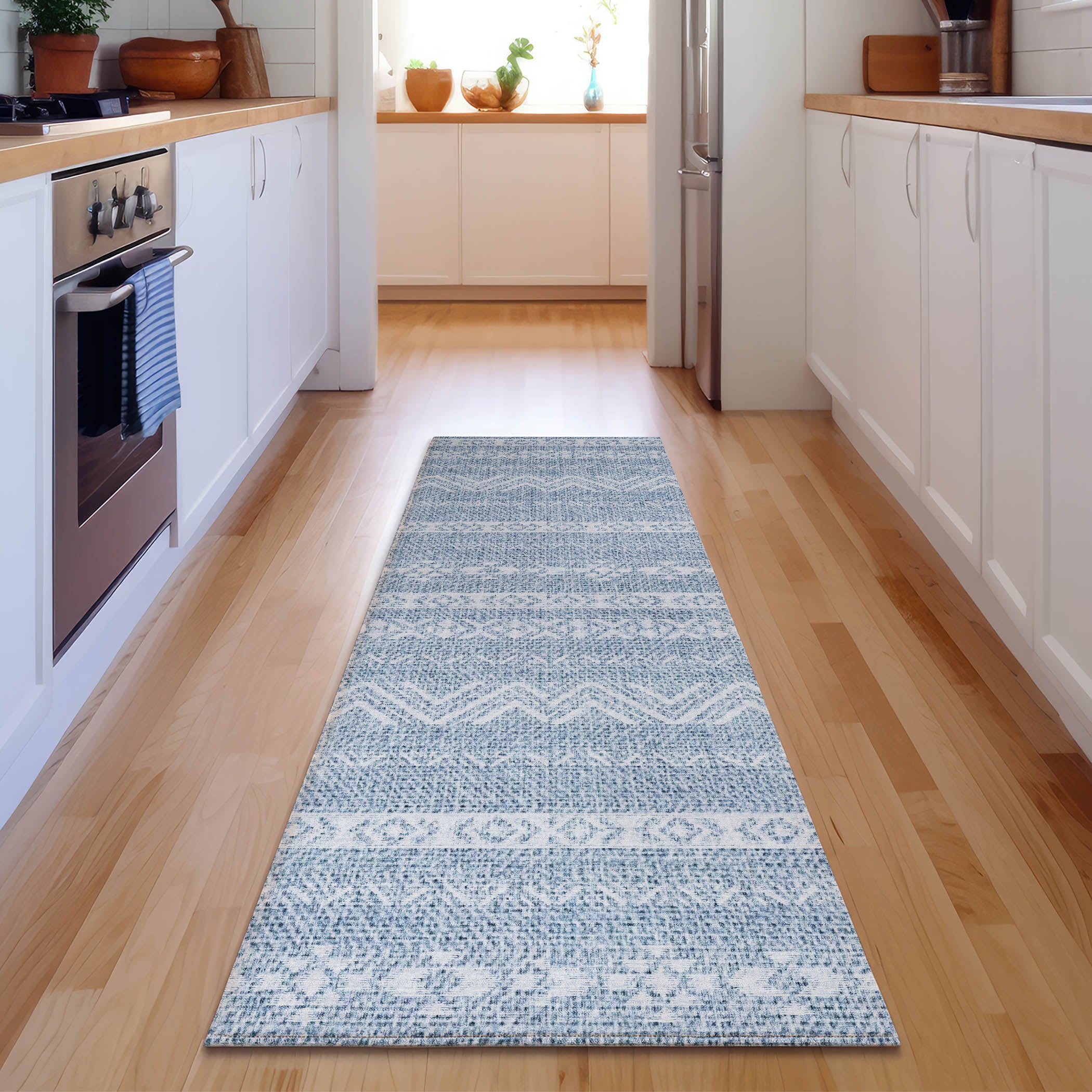 Sarajevo Machine Washable Transitional Blue Rug 2'3" x 7'6" #shape_Runner