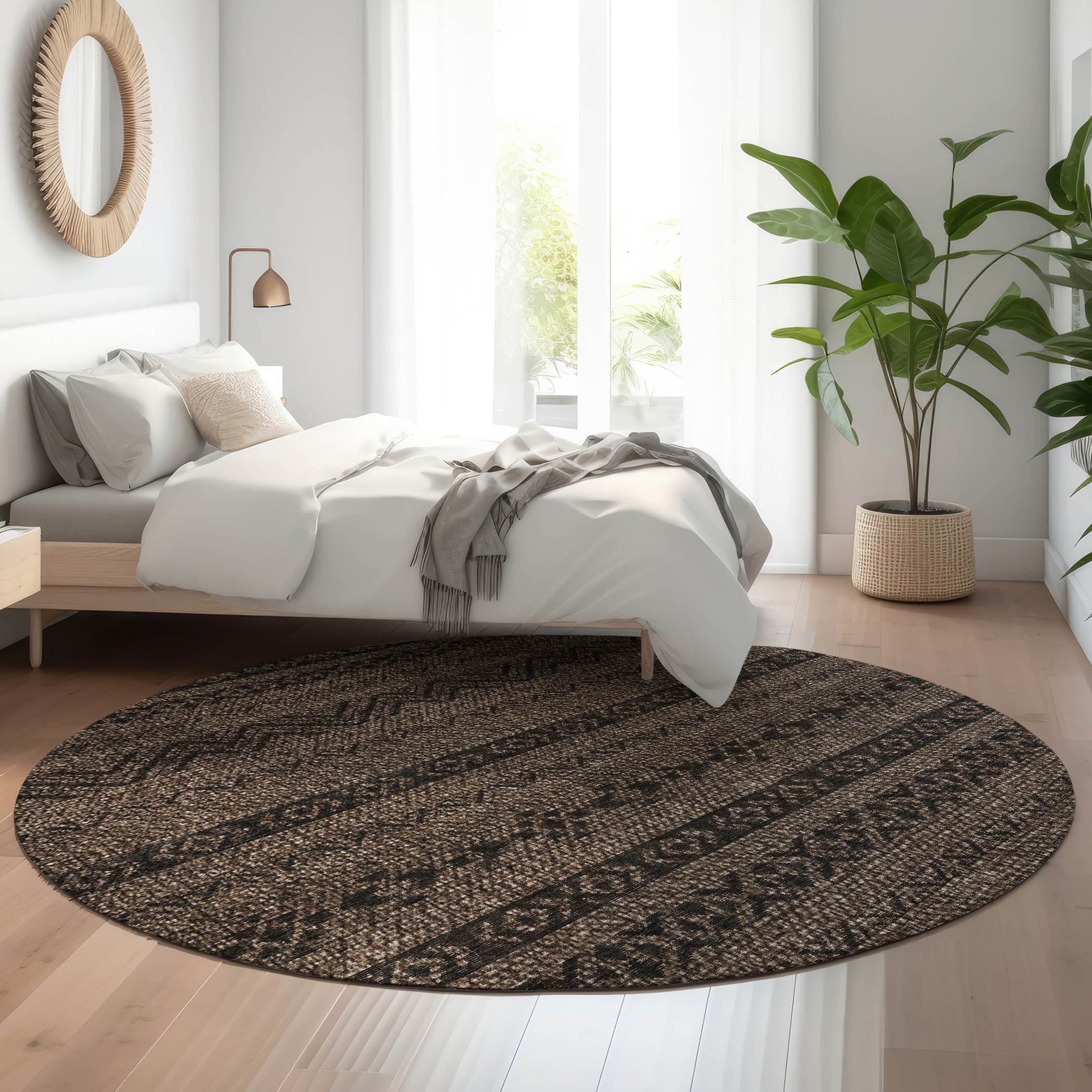 Sarajevo Machine Washable Transitional Chocolate Brown Rug 8' x 8' #shape_Round