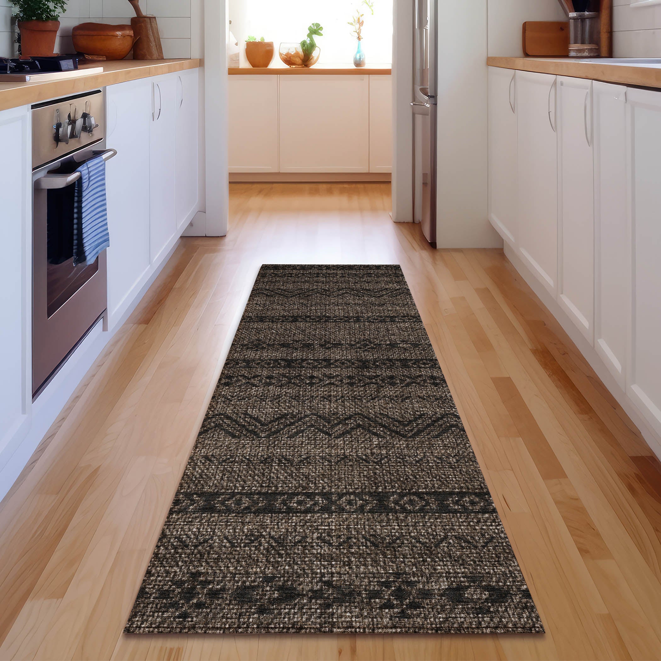 Sarajevo Machine Washable Transitional Chocolate Brown Rug 2'3" x 7'6" #shape_Runner