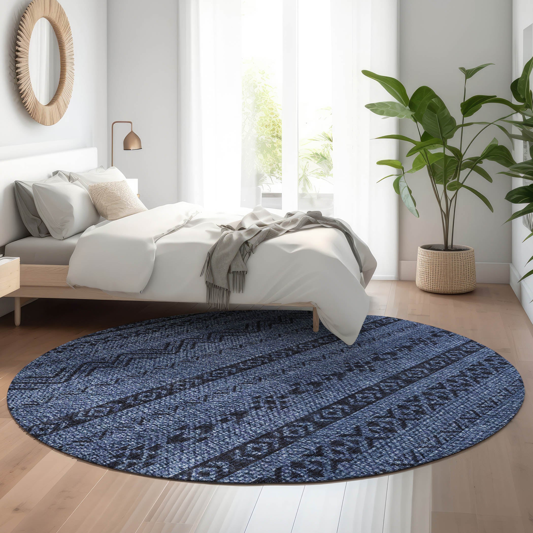 Sarajevo Machine Washable Transitional Navy Blue Rug 8' x 8' #shape_Round