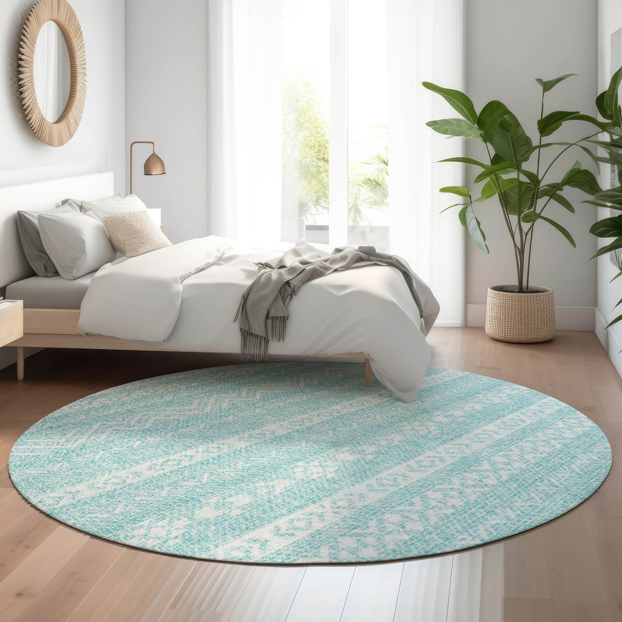 Sarajevo Machine Washable Transitional Teal Rug 8' x 8' #shape_Round