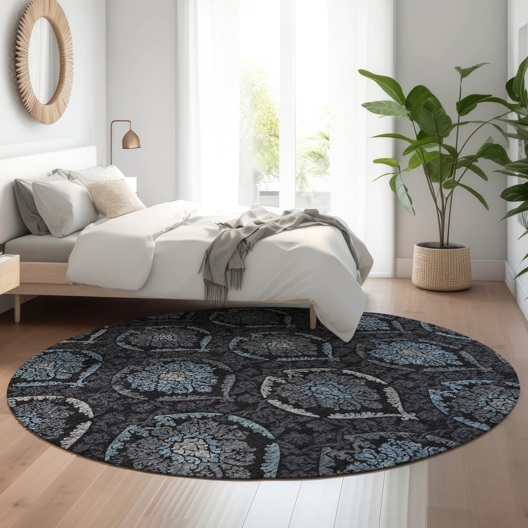 Salzburg Machine Washable Transitional Blue Rug 8' x 8' #shape_Round