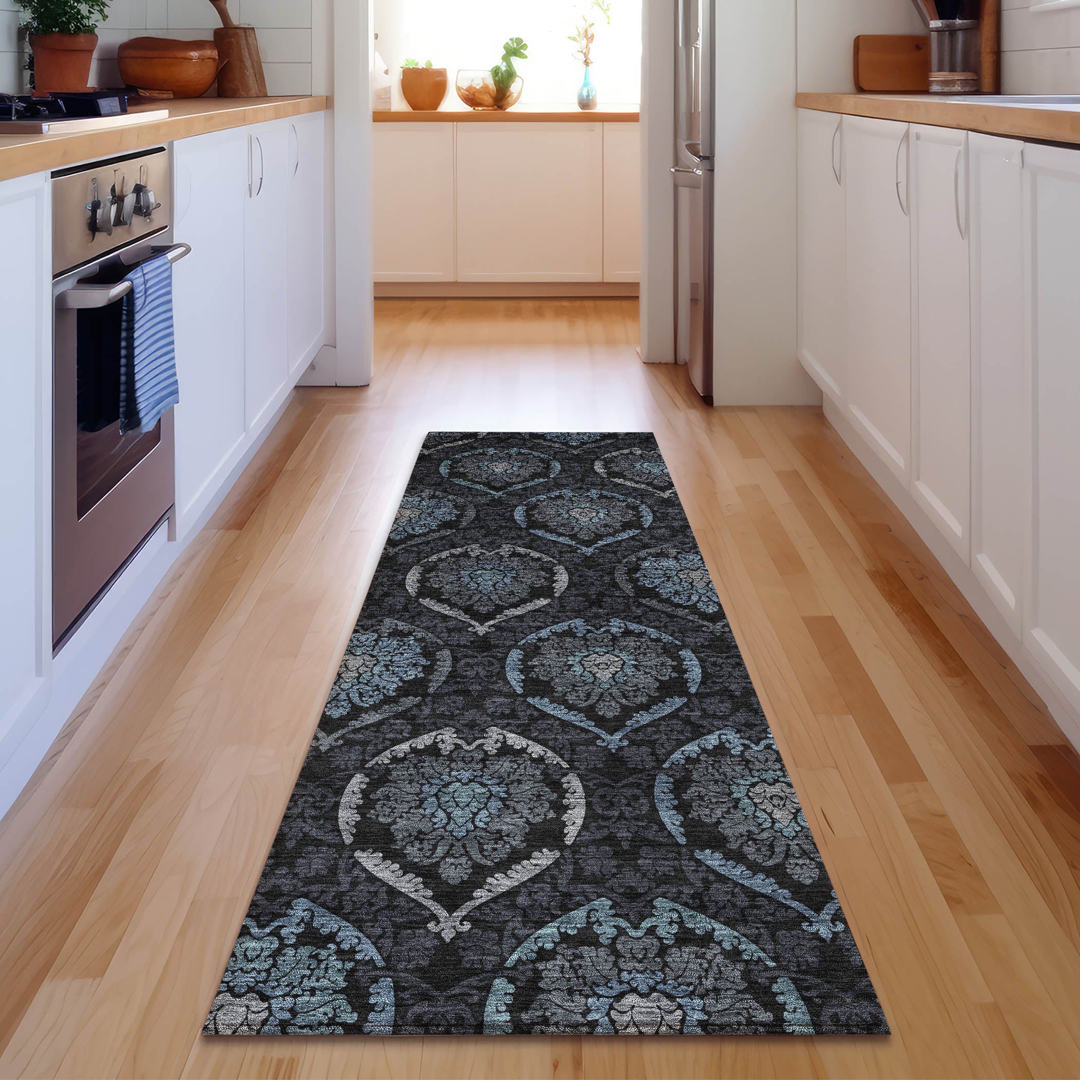 Salzburg Machine Washable Transitional Blue Rug 2'3" x 7'6" #shape_Runner