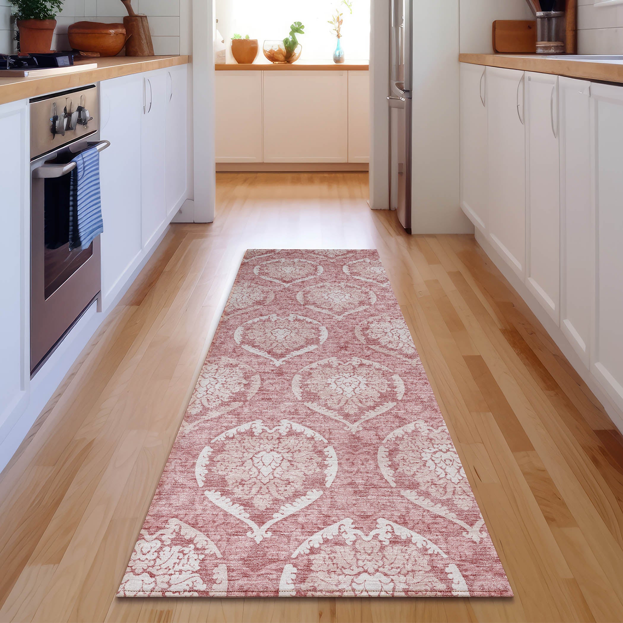 Kyoto Machine Washable Transitional Pink Rug 2'3" x 7'6" #shape_Runner
