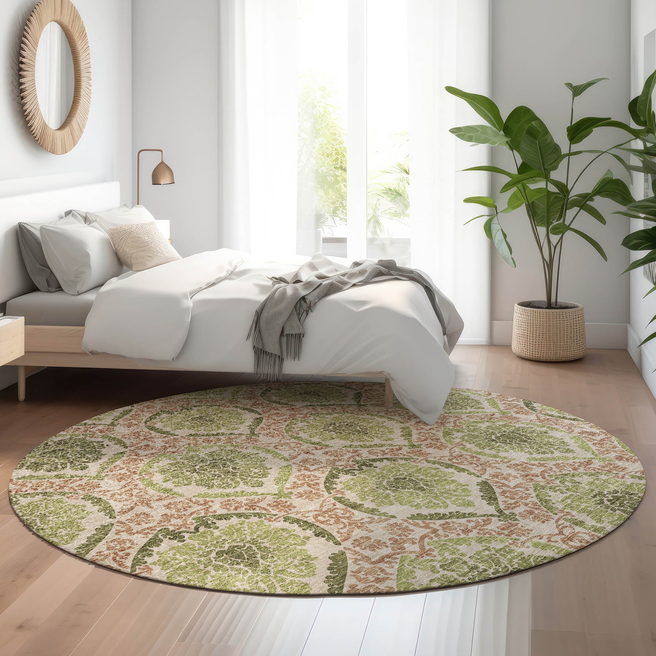 Tallinn Machine Washable Transitional Olive Green Rug 8' x 8' #shape_Round