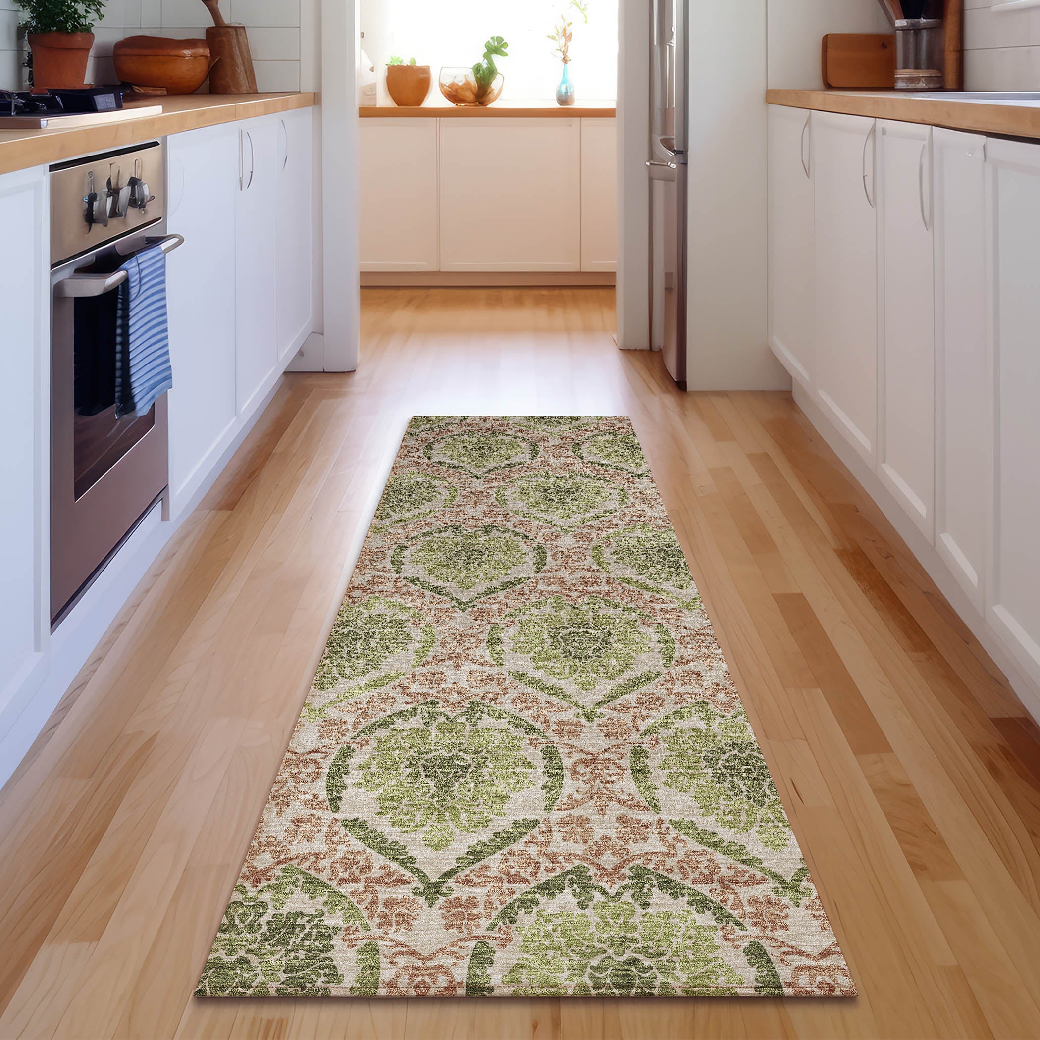 Tallinn Machine Washable Transitional Olive Green Rug 2'3" x 7'6" #shape_Runner