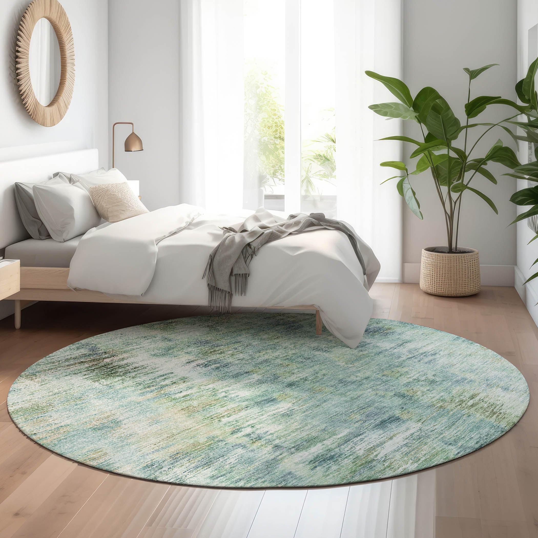 Lucerne Machine Washable Transitional Teal Rug 8' x 8' #shape_Round