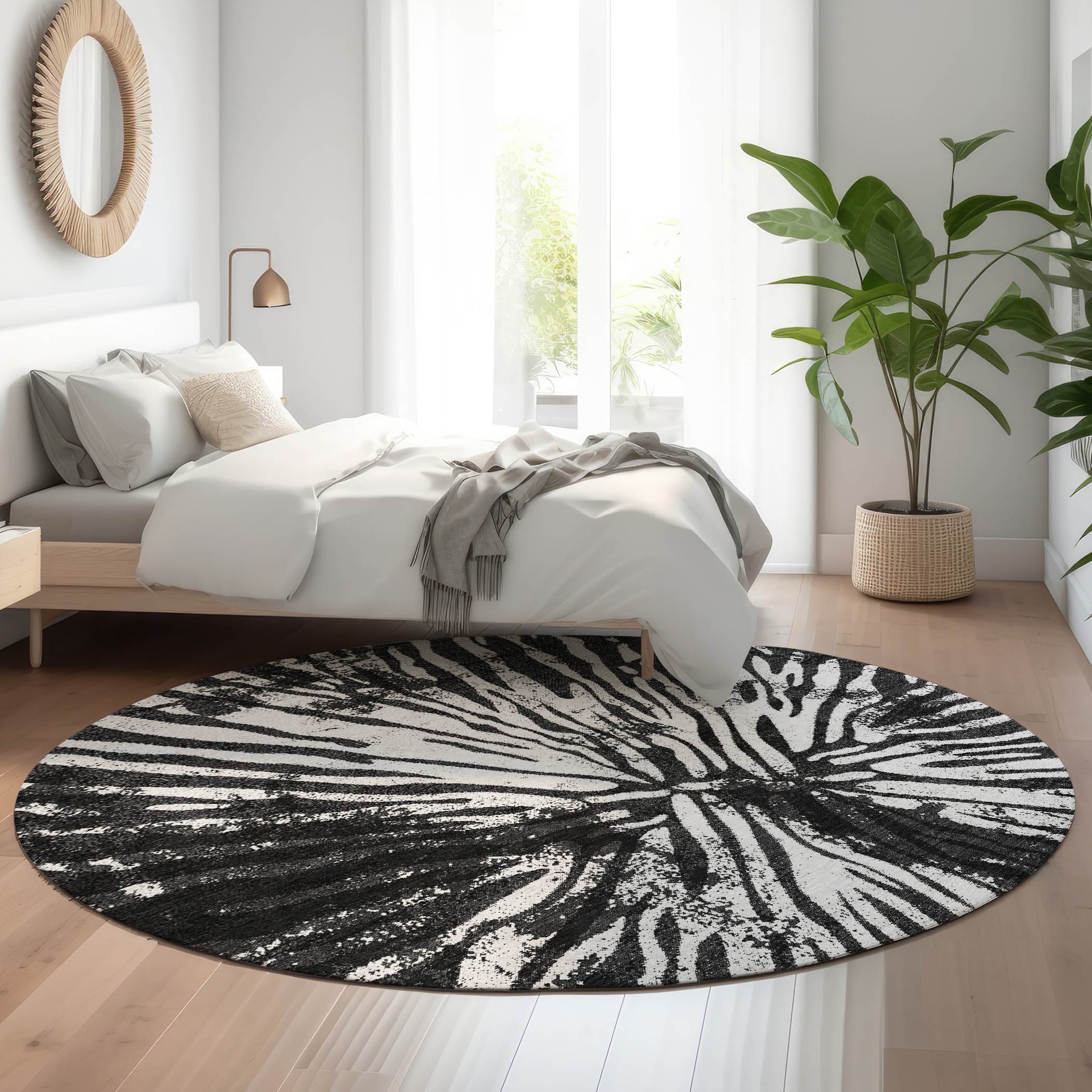 Prague Machine Washable Transitional Black Rug 8' x 8' #shape_Round
