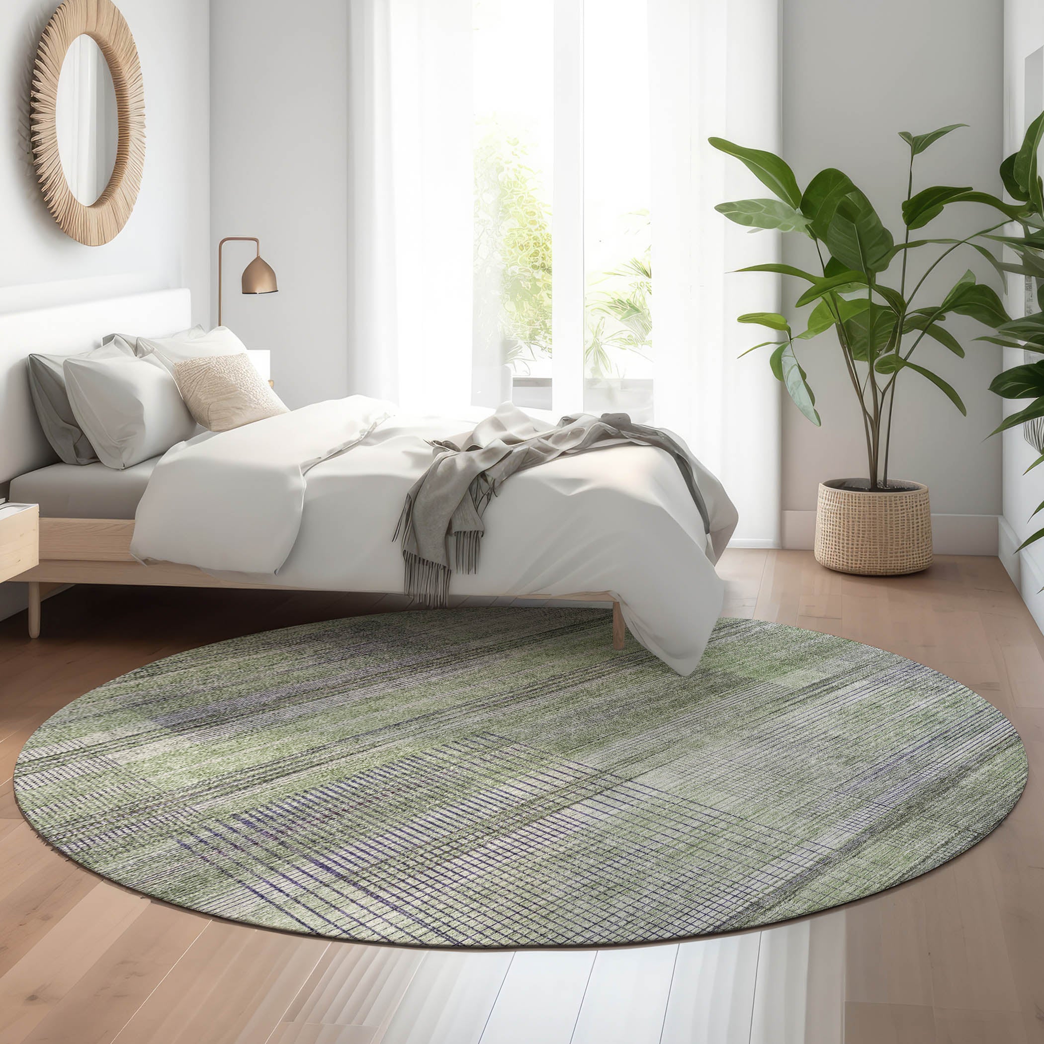 Prague Machine Washable Transitional Aloe Green Rug 8' x 8' #shape_Round