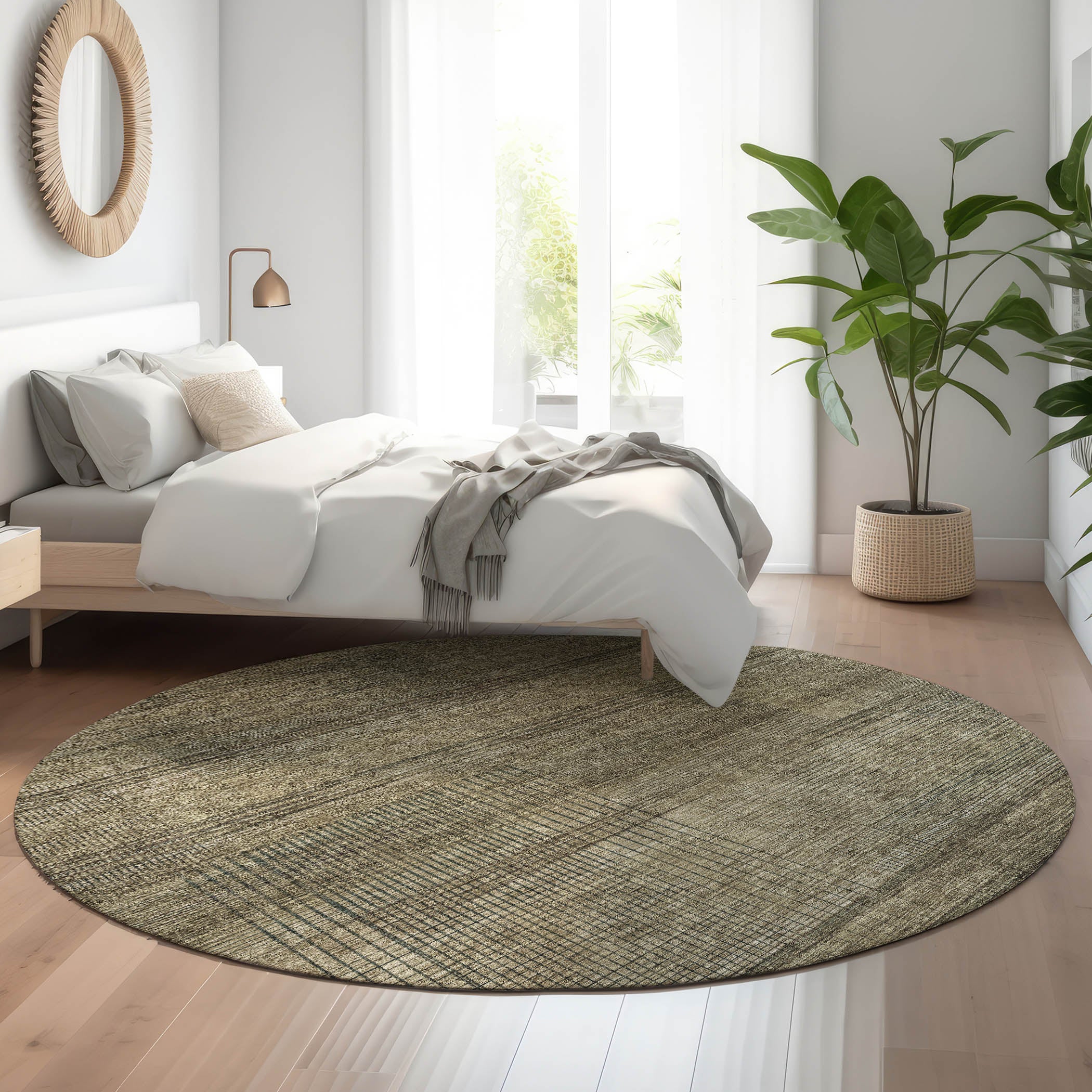 Porto Machine Washable Transitional Brown Rug 8' x 8' #shape_Round