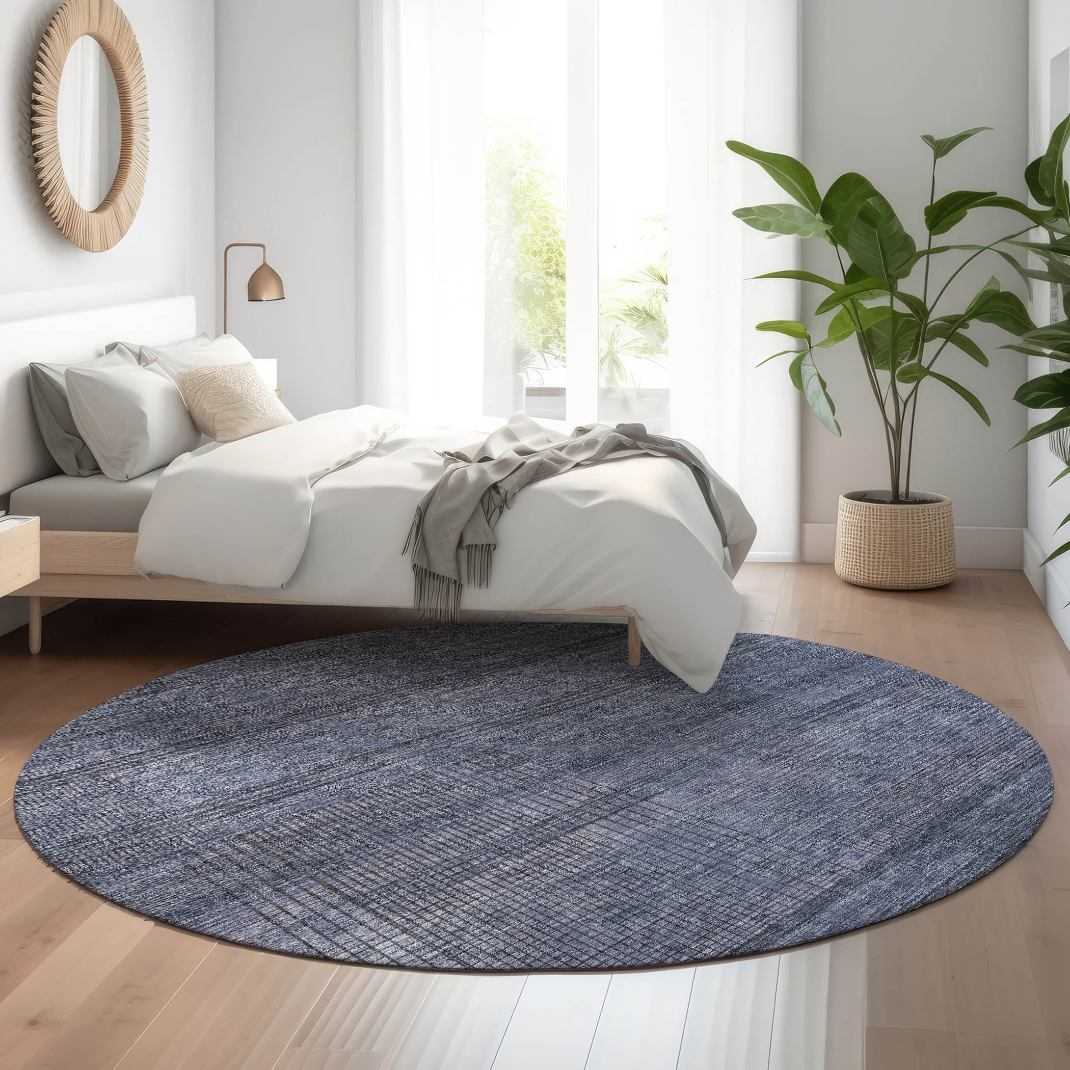 Porto Machine Washable Transitional Navy Blue Rug 8' x 8' #shape_Round