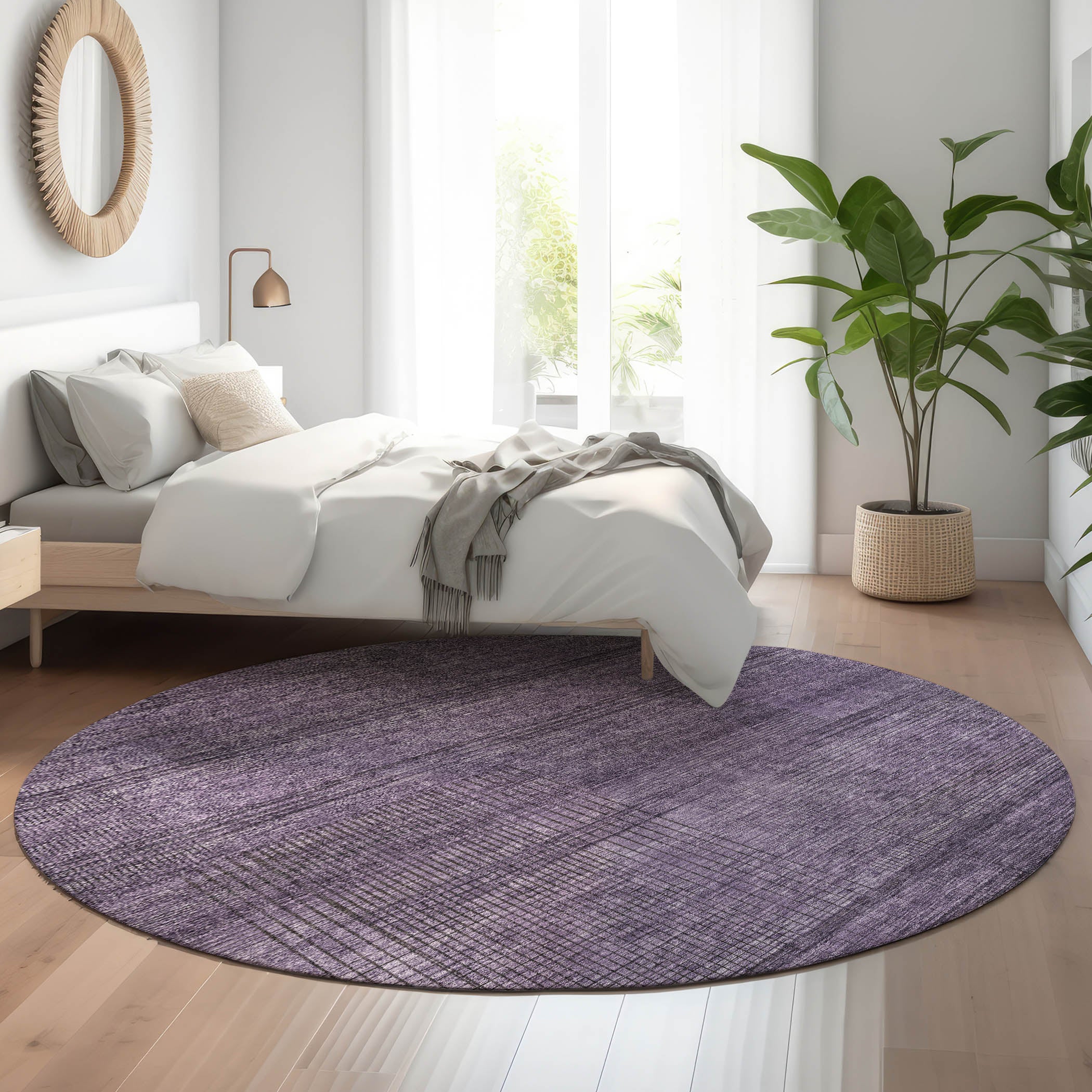 Porto Machine Washable Transitional Plum Purple Rug 8' x 8' #shape_Round