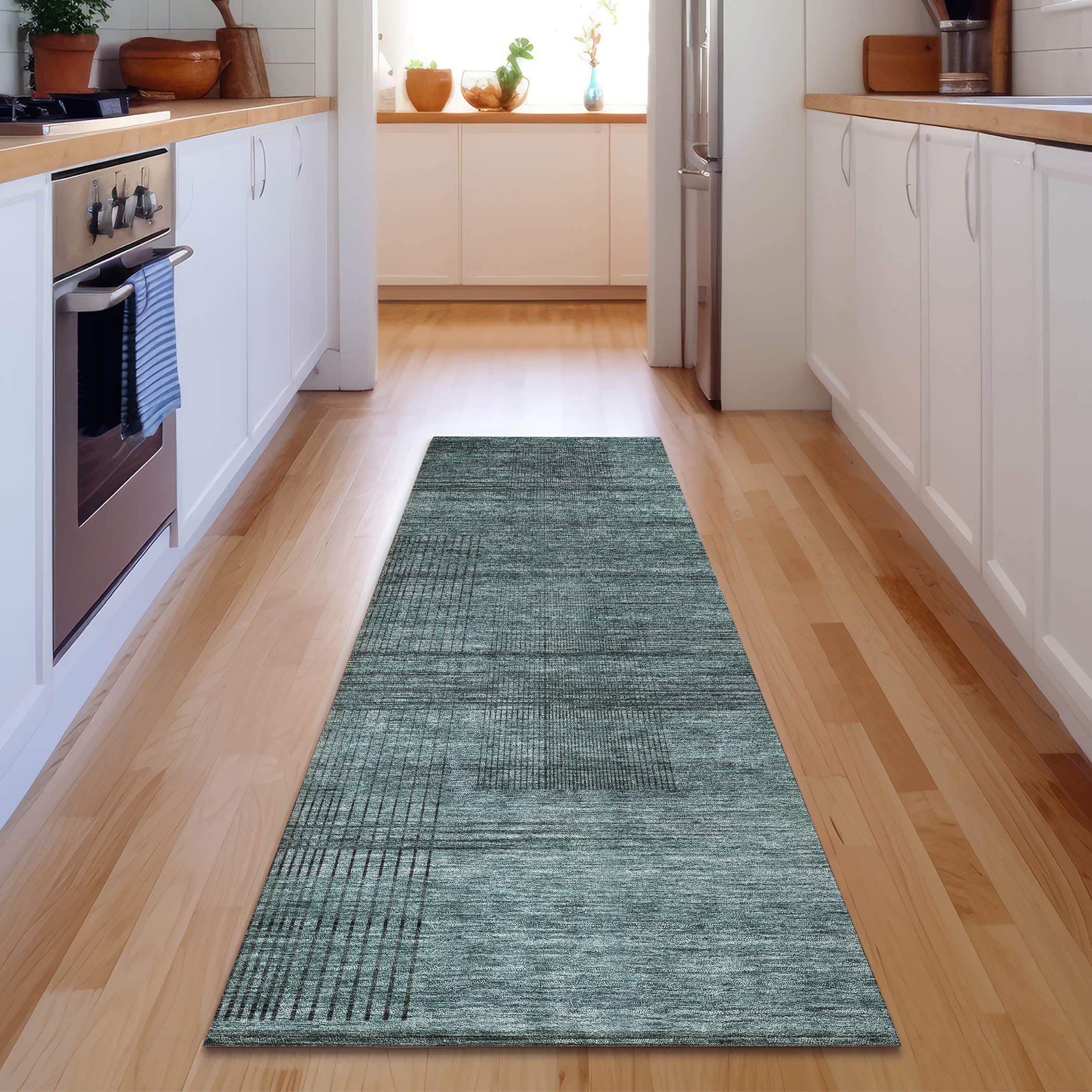 Porto Machine Washable Transitional Teal Rug 2'3" x 7'6" #shape_Runner