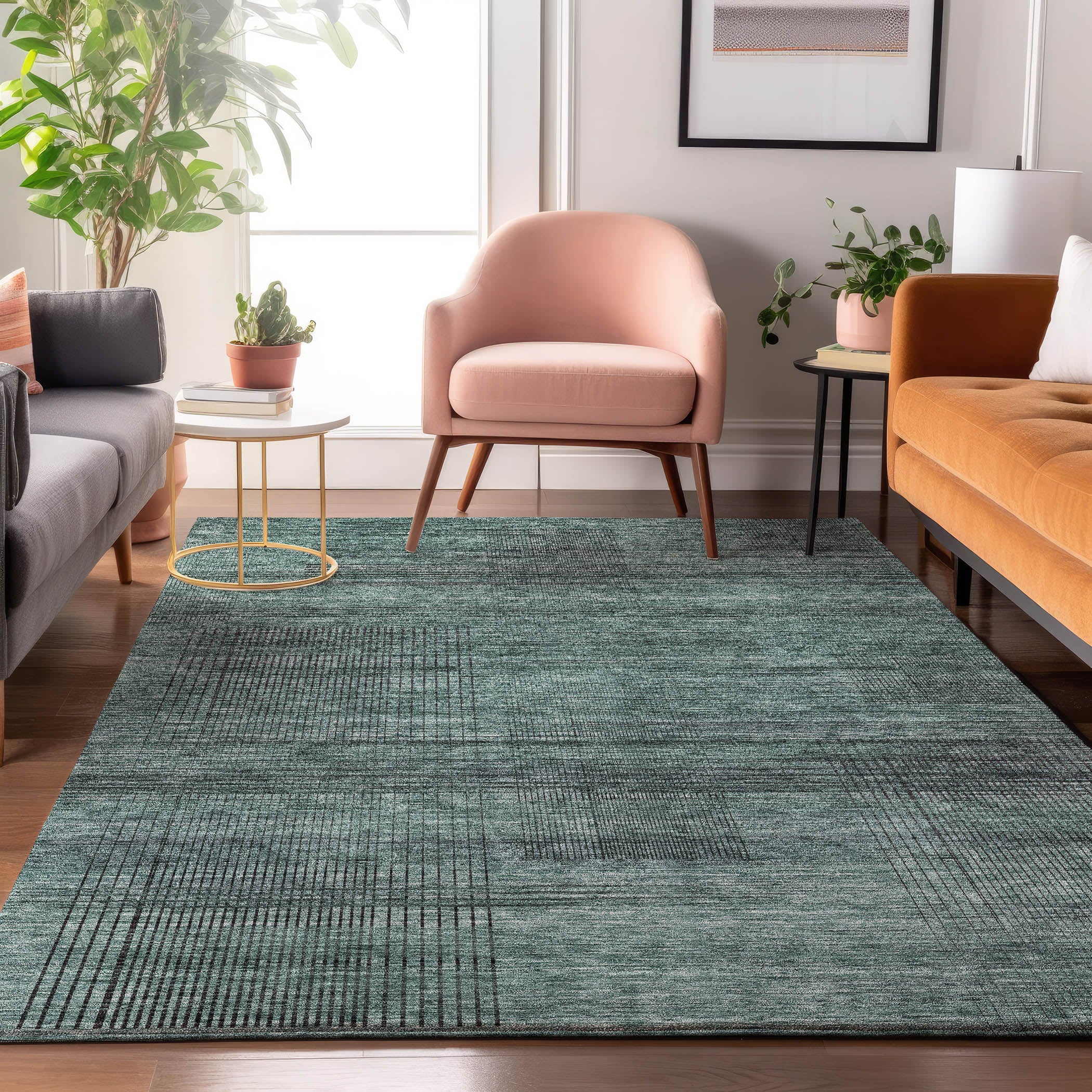 Porto Machine Washable Transitional Teal Rug 2'6" x 3'10" #shape_Rectangle