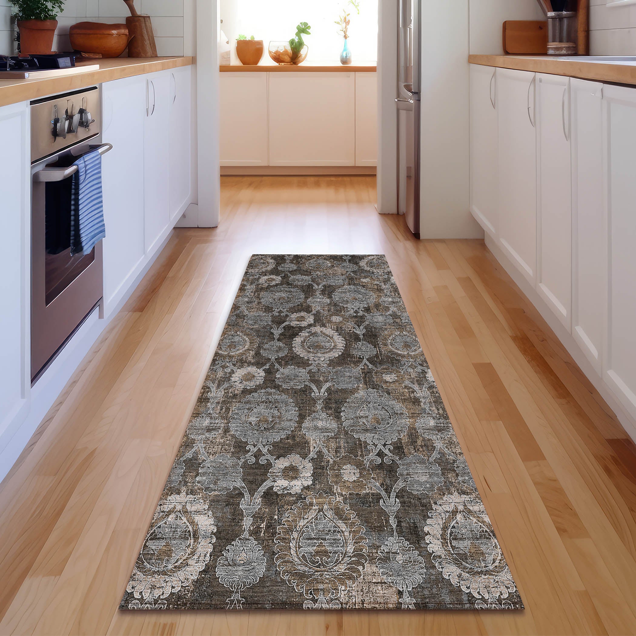 Seoul Machine Washable Transitional Chocolate Brown Rug 2'3" x 7'6" #shape_Runner