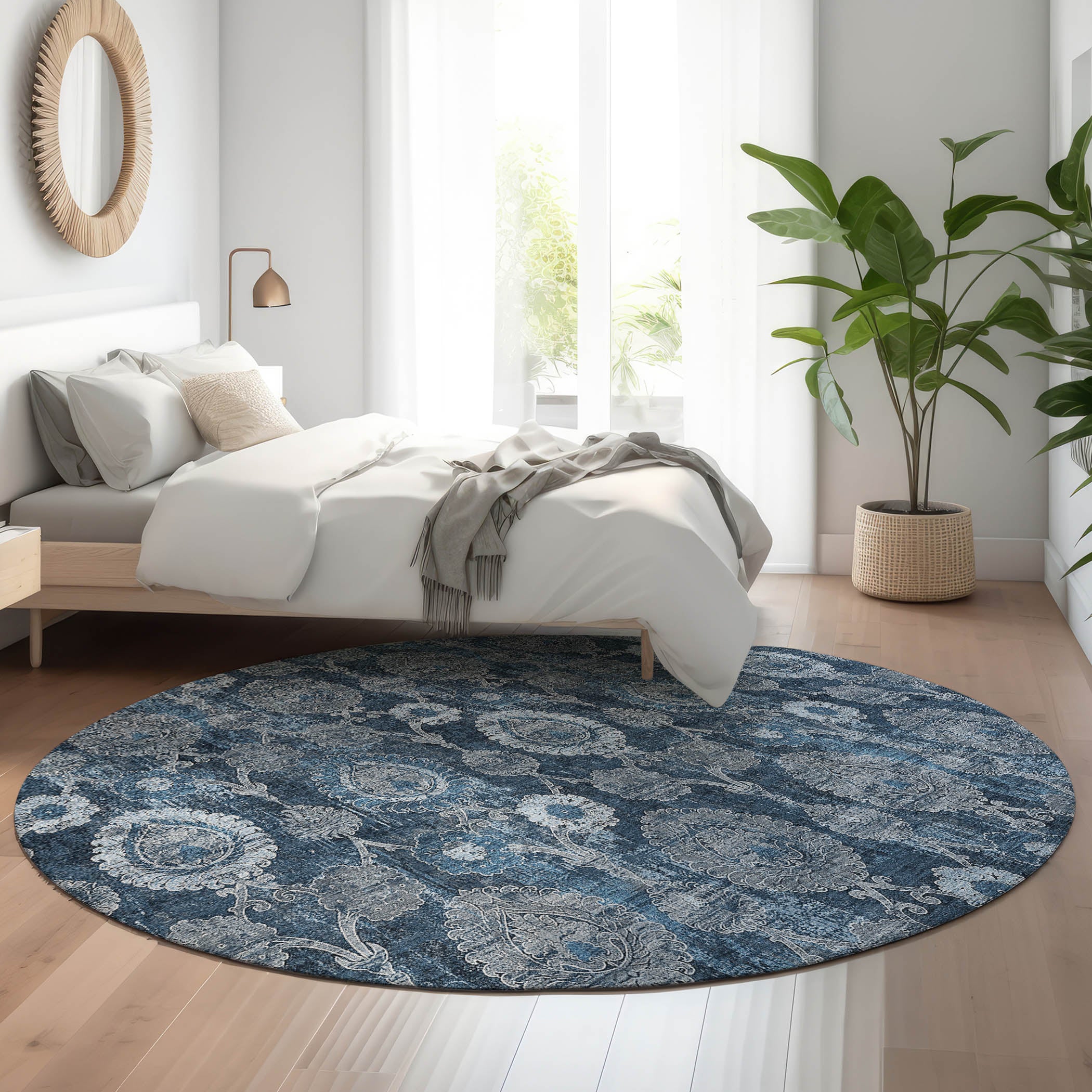 Seoul Machine Washable Transitional Navy Blue Rug 8' x 8' #shape_Round