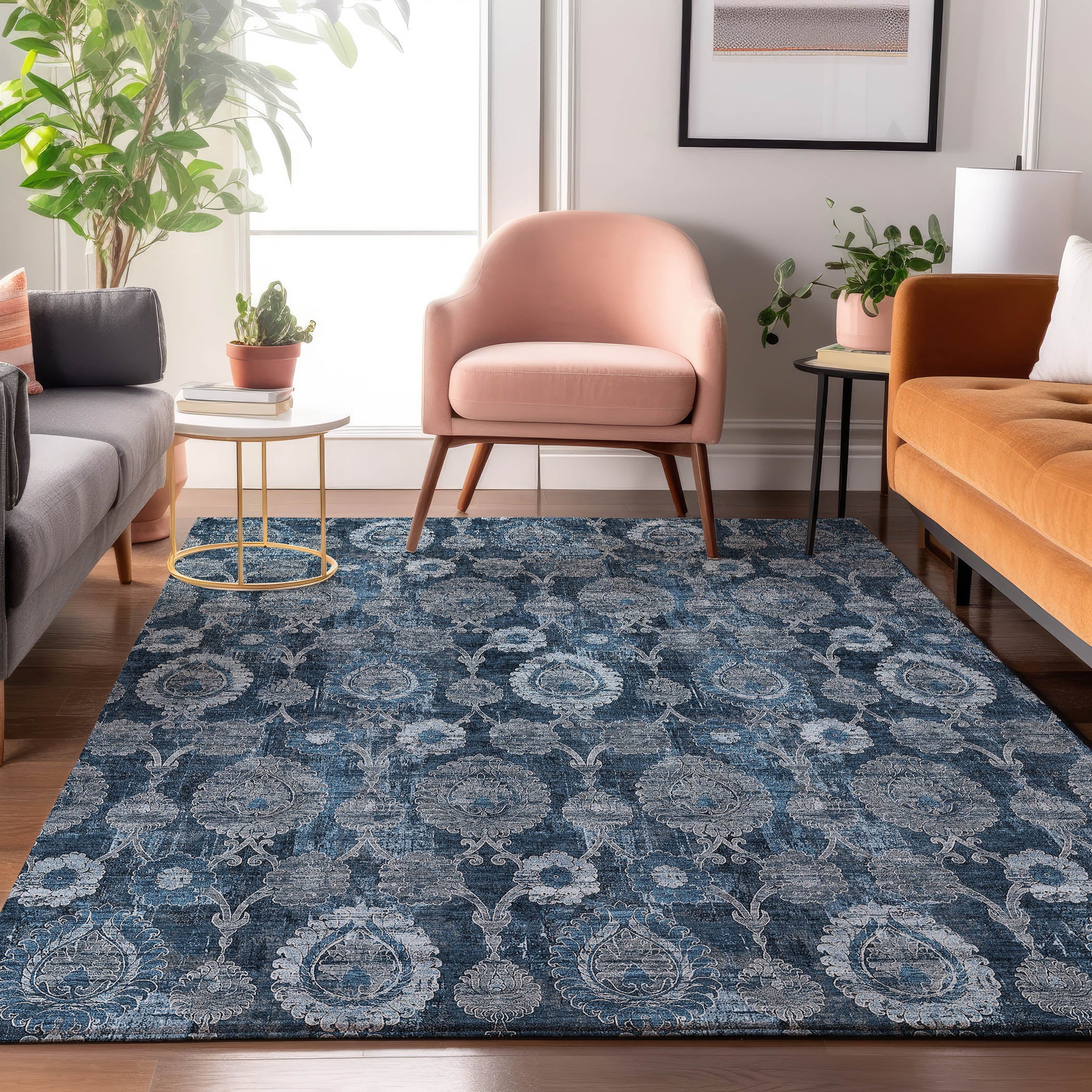 Seoul Machine Washable Transitional Navy Blue Rug 2'6" x 3'10" #shape_Rectangle