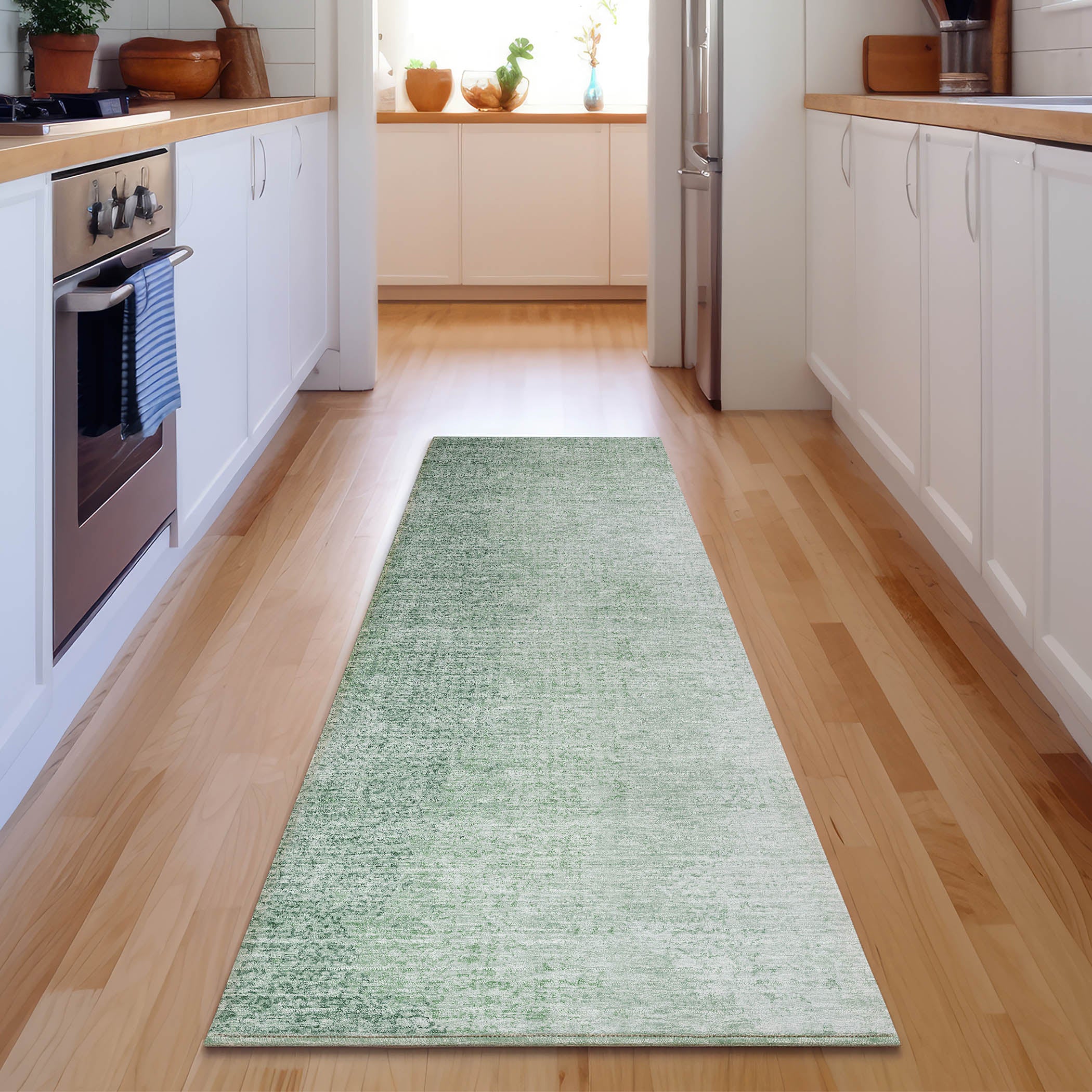 Mostar Machine Washable Transitional Green Rug 2'3" x 7'6" #shape_Runner
