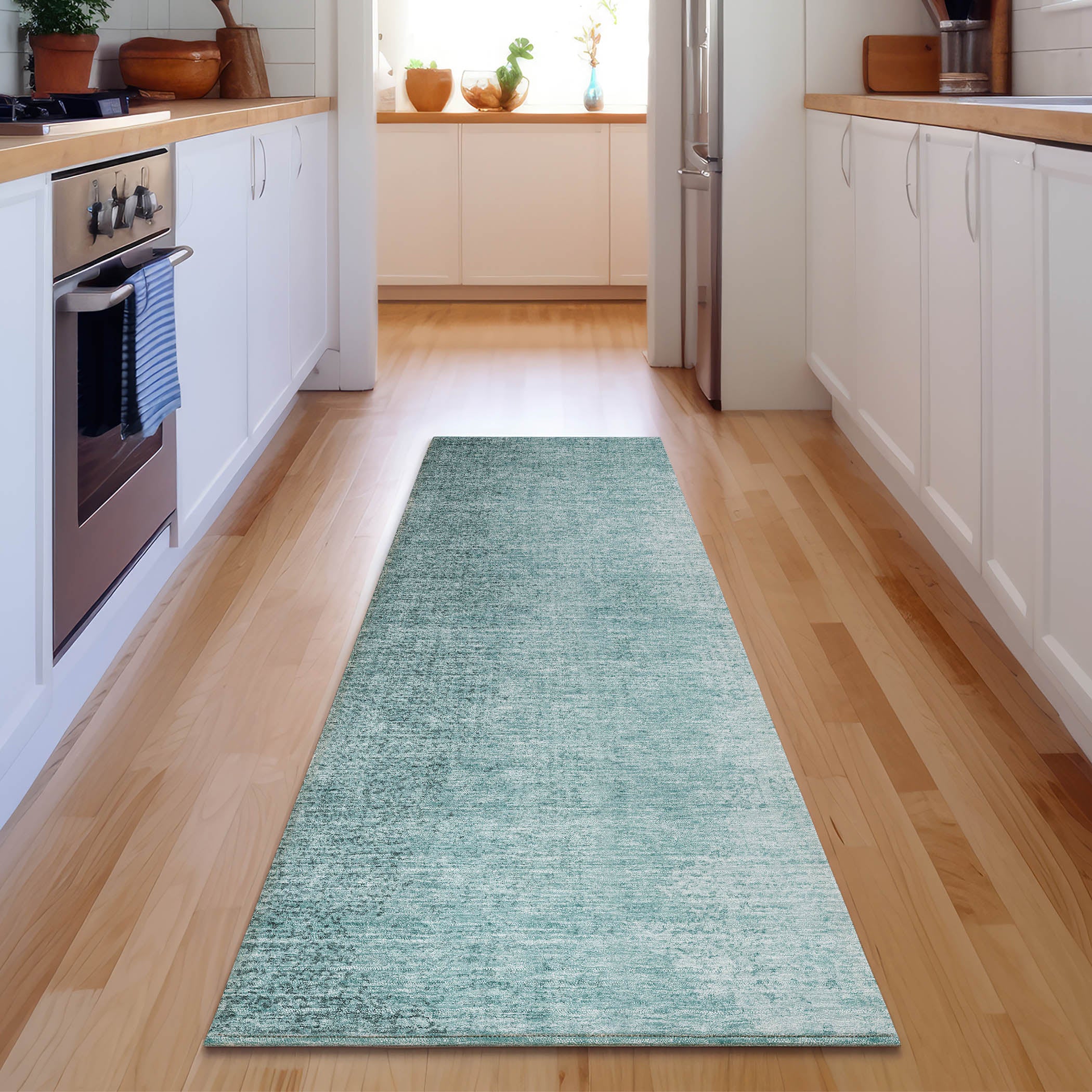 Mostar Machine Washable Transitional Teal Rug 2'3" x 7'6" #shape_Runner