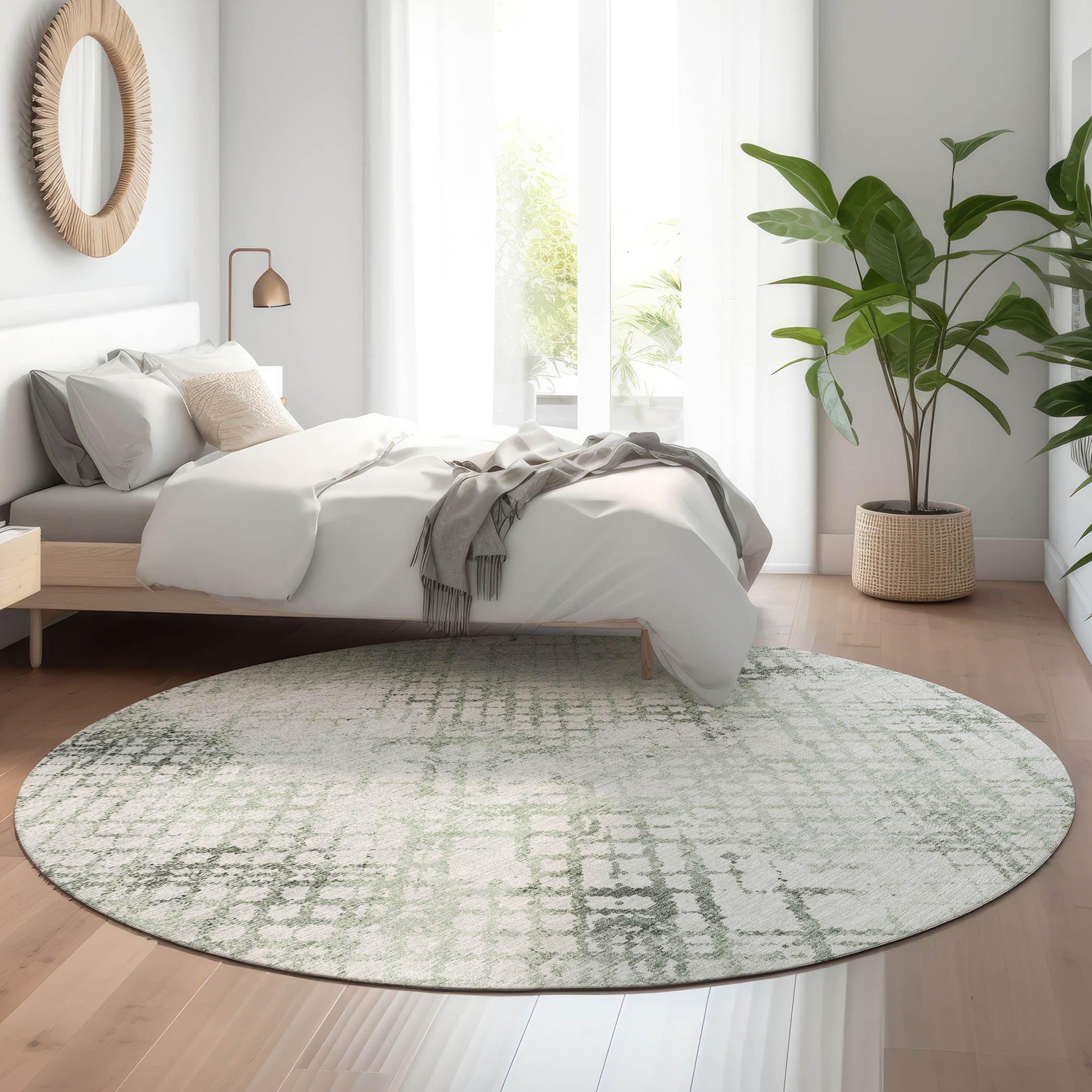 Prague Machine Washable Transitional Green Rug 8' x 8' #shape_Round
