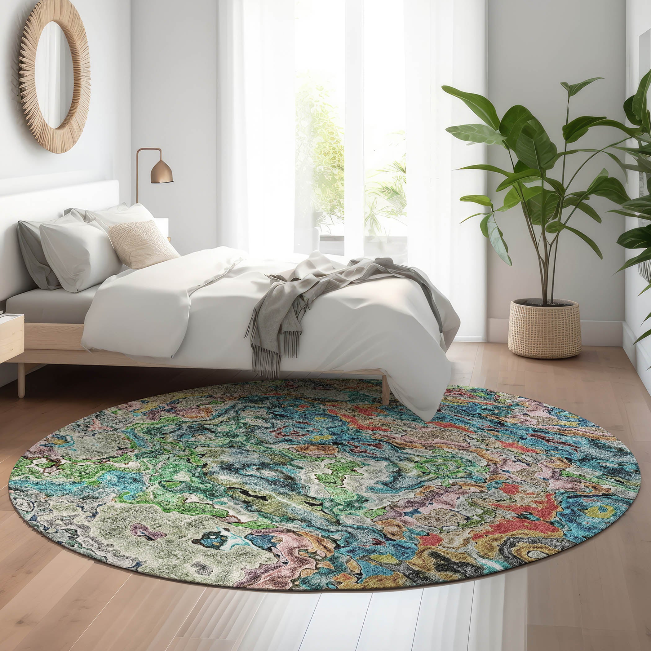 Seoul Machine Washable Transitional Blue Rug 8' x 8' #shape_Round