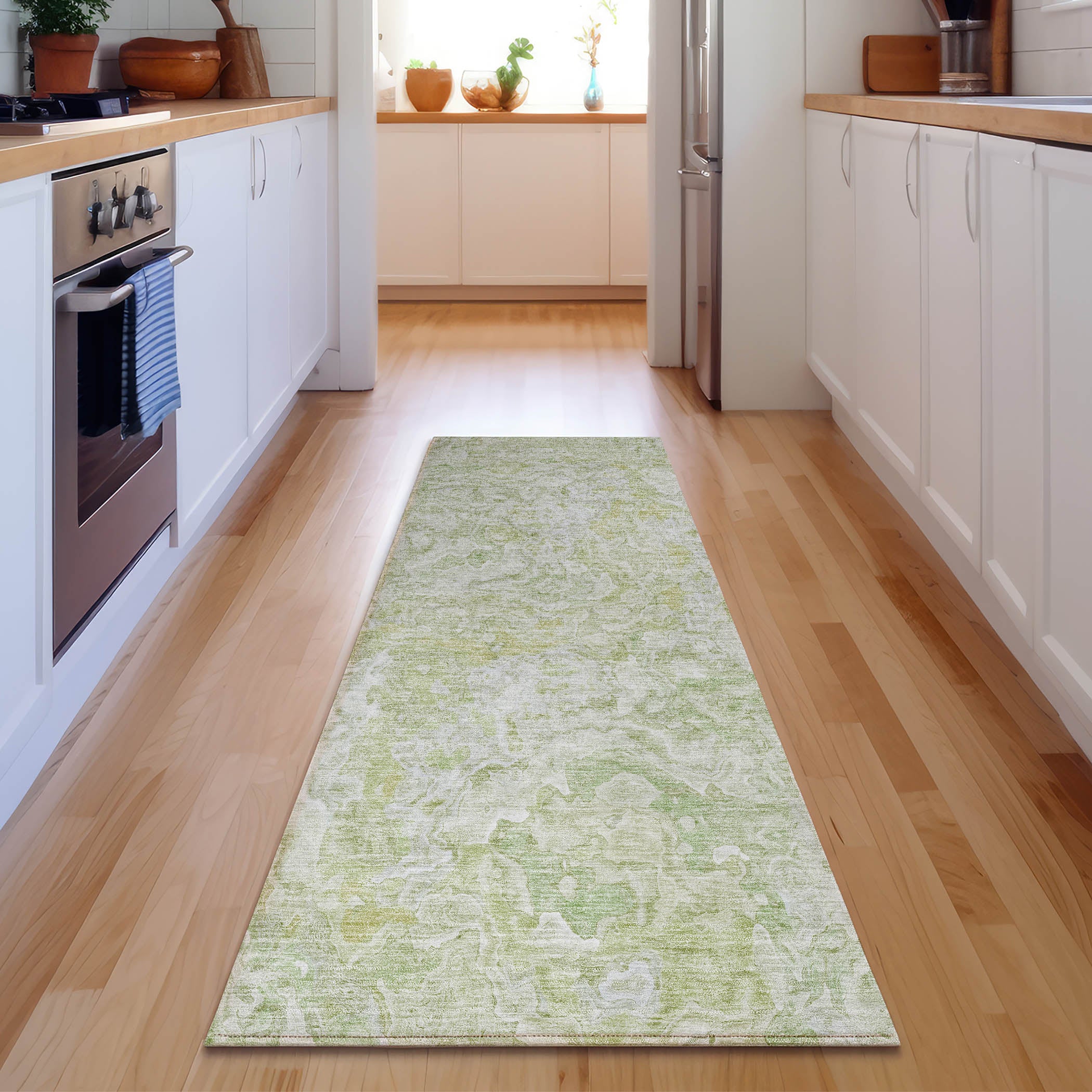 Seoul Machine Washable Transitional Green Rug 2'3" x 7'6" #shape_Runner