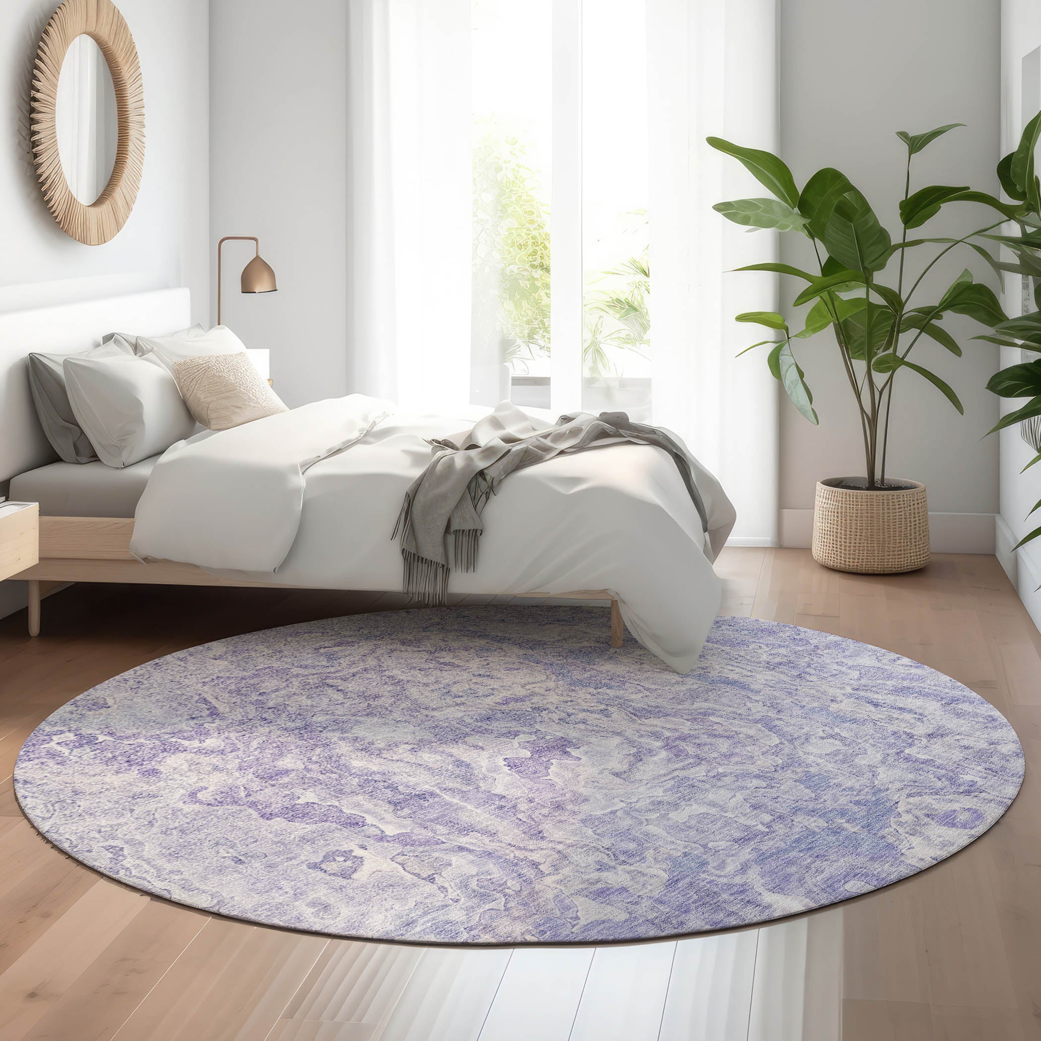 Seoul Machine Washable Transitional Plum Purple Rug 8' x 8' #shape_Round