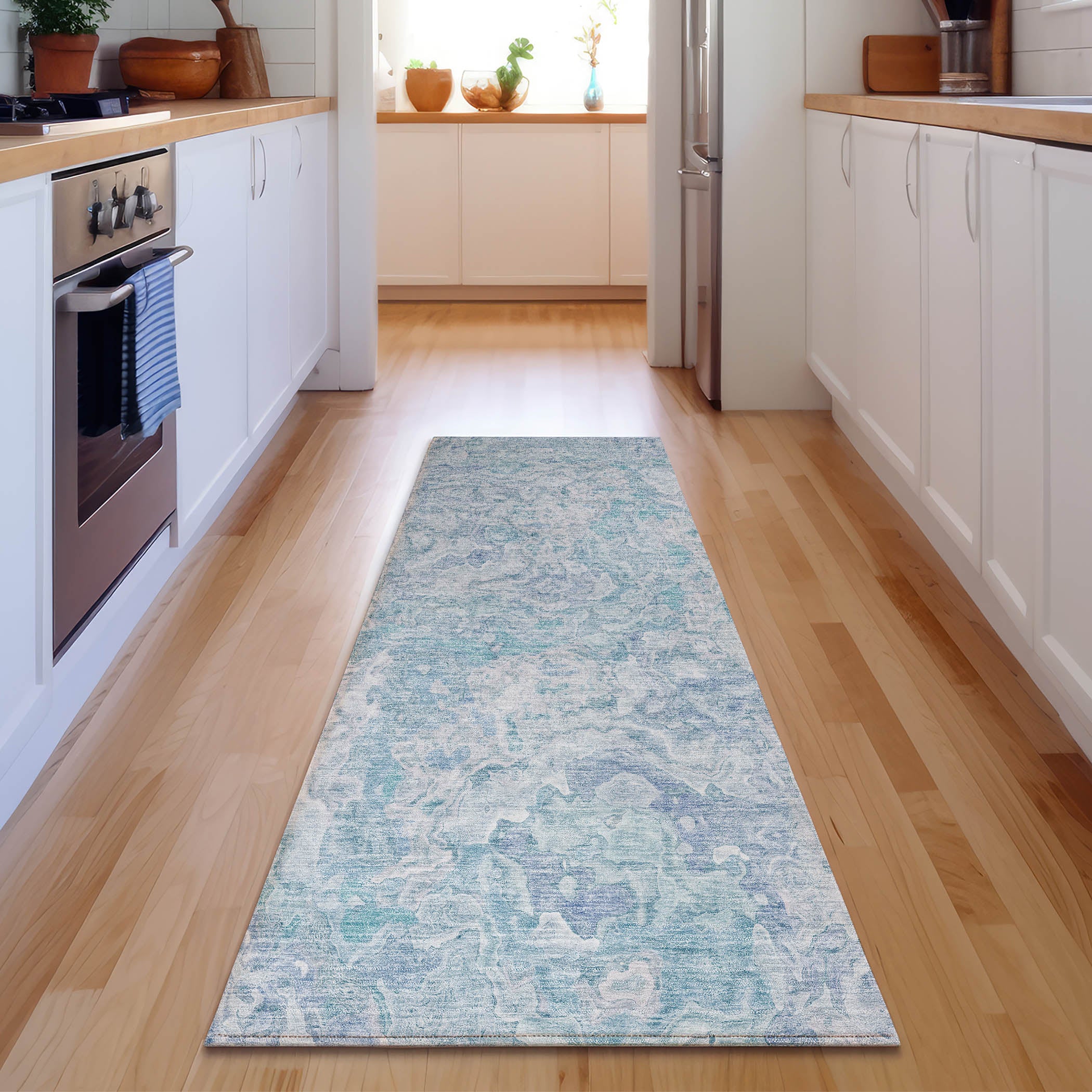 Seoul Machine Washable Transitional Sky Blue Rug 2'3" x 7'6" #shape_Runner