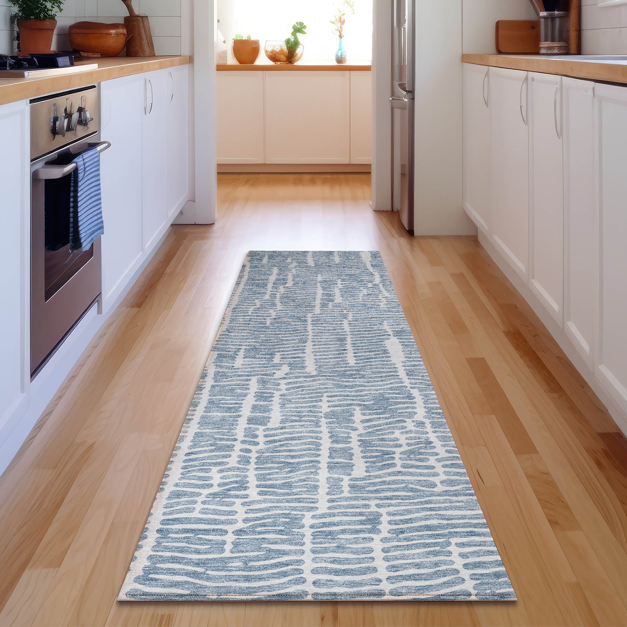 Lima Machine Washable Transitional Blue Rug 2'3" x 7'6" #shape_Runner