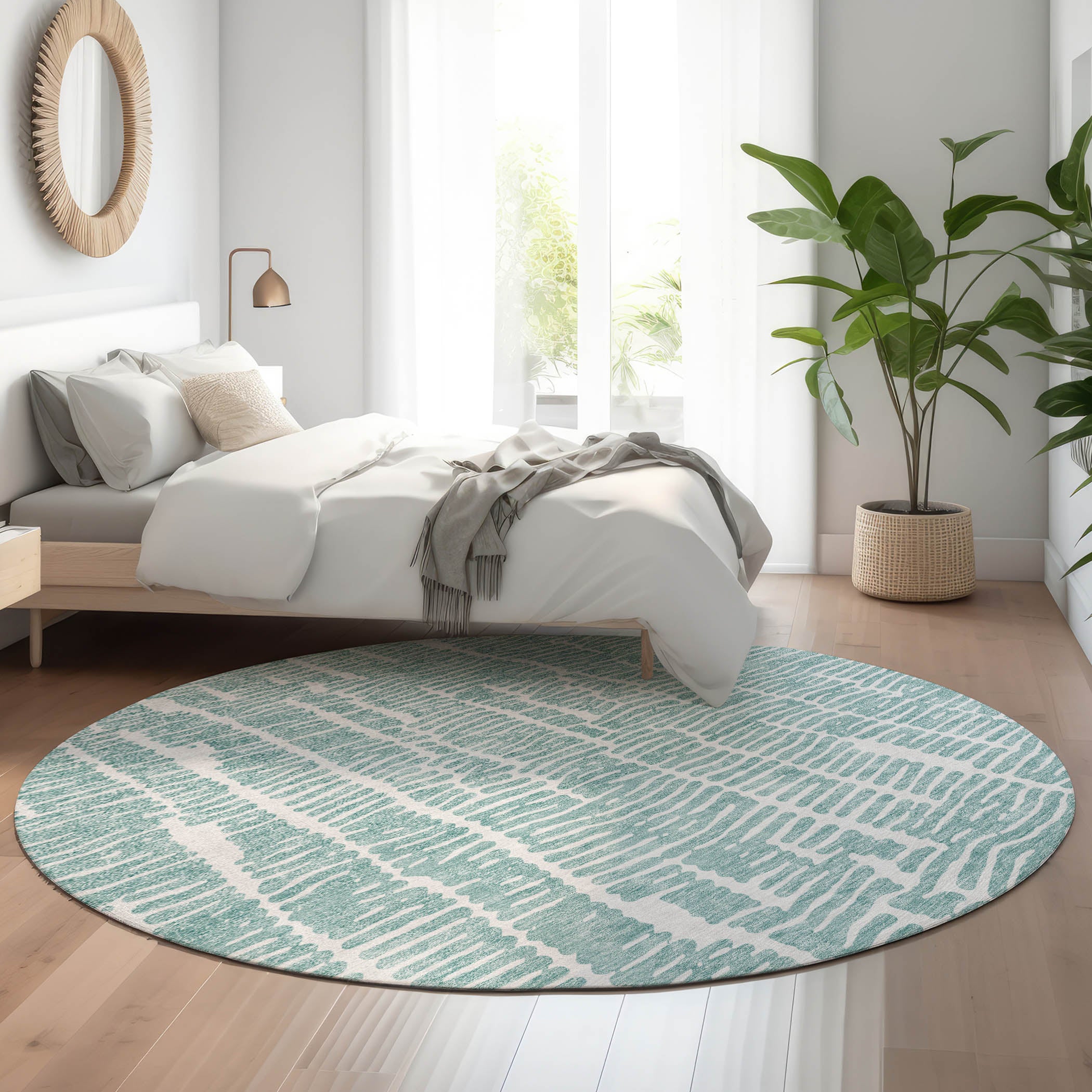 Lima Machine Washable Transitional Teal Rug 8' x 8' #shape_Round