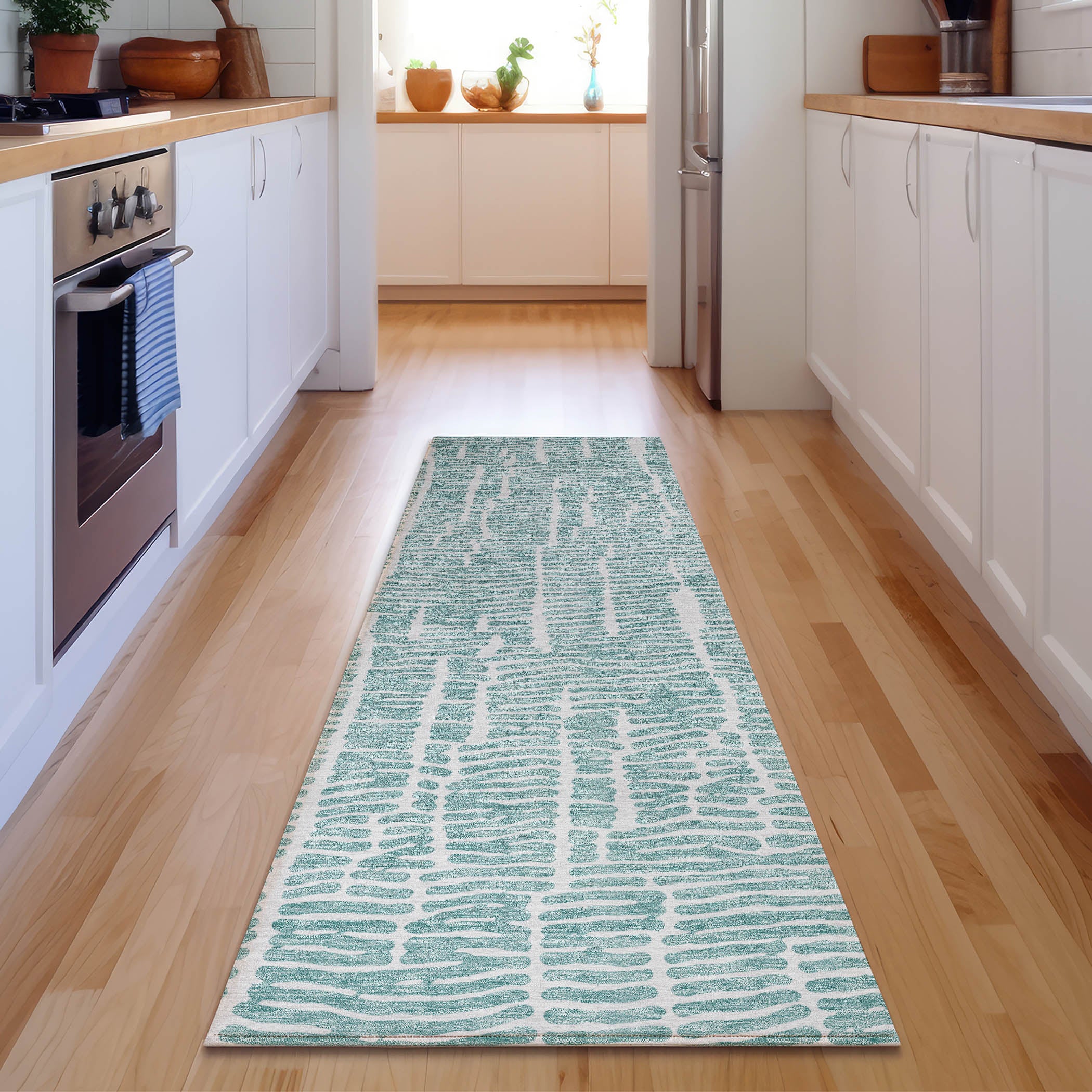 Lima Machine Washable Transitional Teal Rug 2'3" x 7'6" #shape_Runner