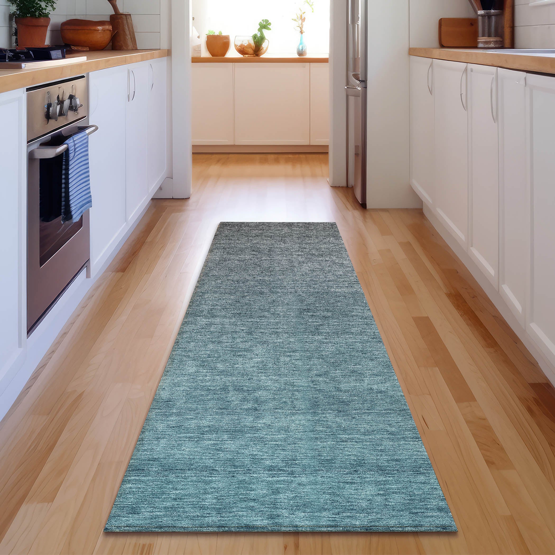 Tallinn Machine Washable Transitional Teal Rug 2'3" x 7'6" #shape_Runner
