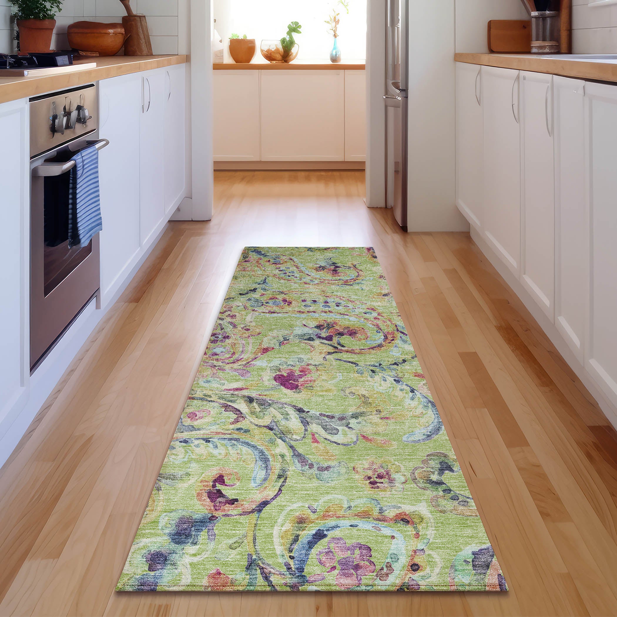 Chiang Mai Machine Washable Transitional Aloe Green Rug 2'3" x 7'6" #shape_Runner