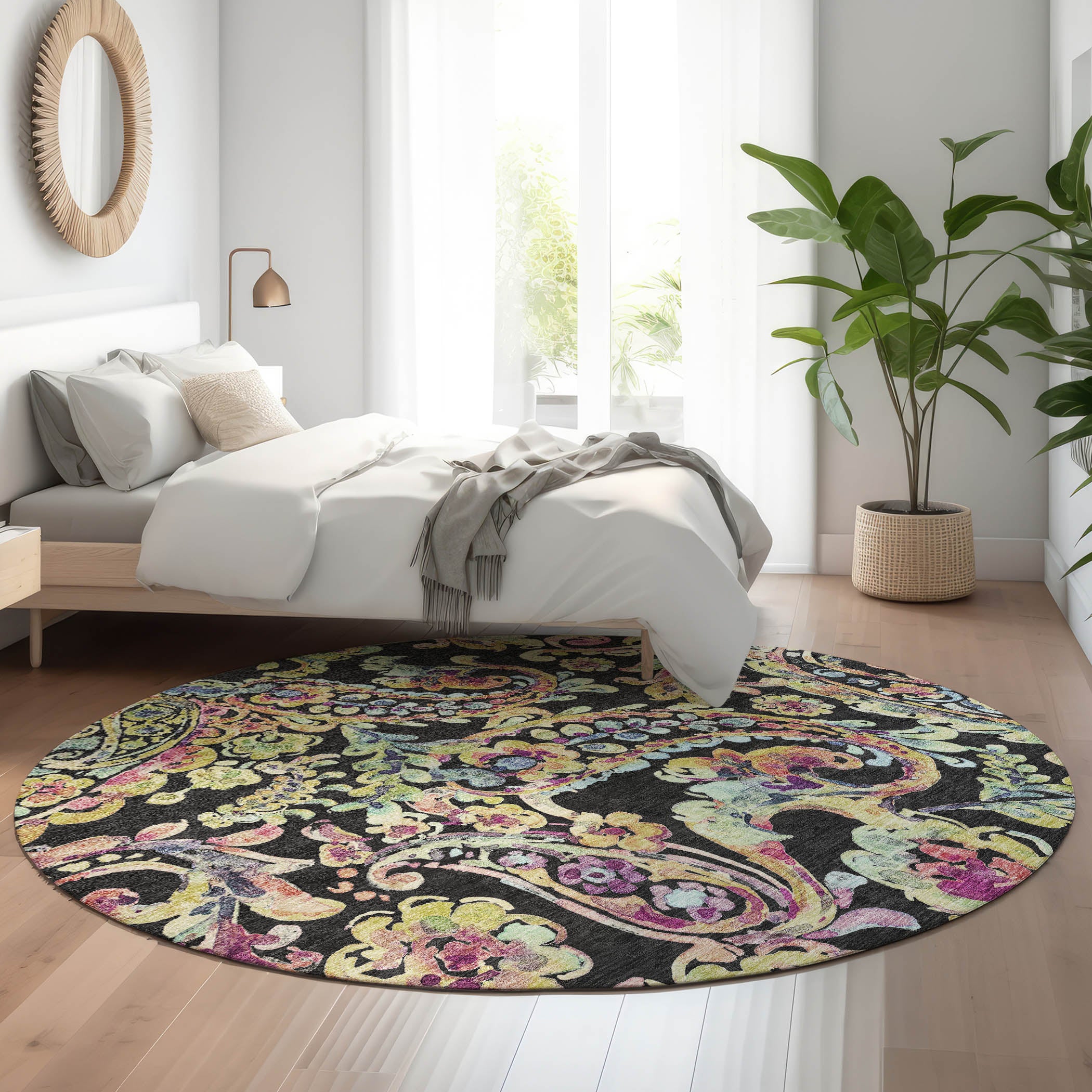 Chiang Mai Machine Washable Transitional Black Rug 8' x 8' #shape_Round