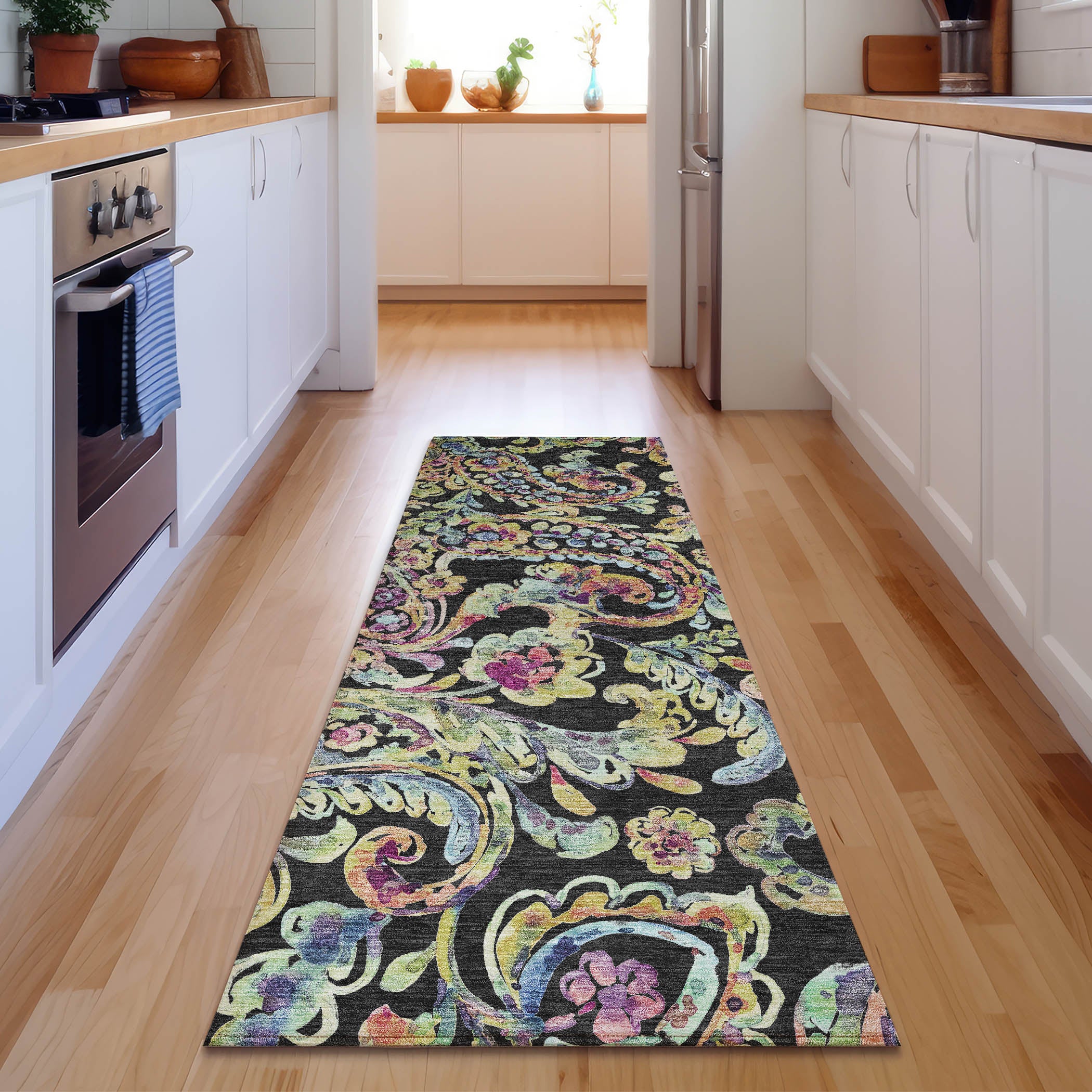 Chiang Mai Machine Washable Transitional Black Rug 2'3" x 7'6" #shape_Runner