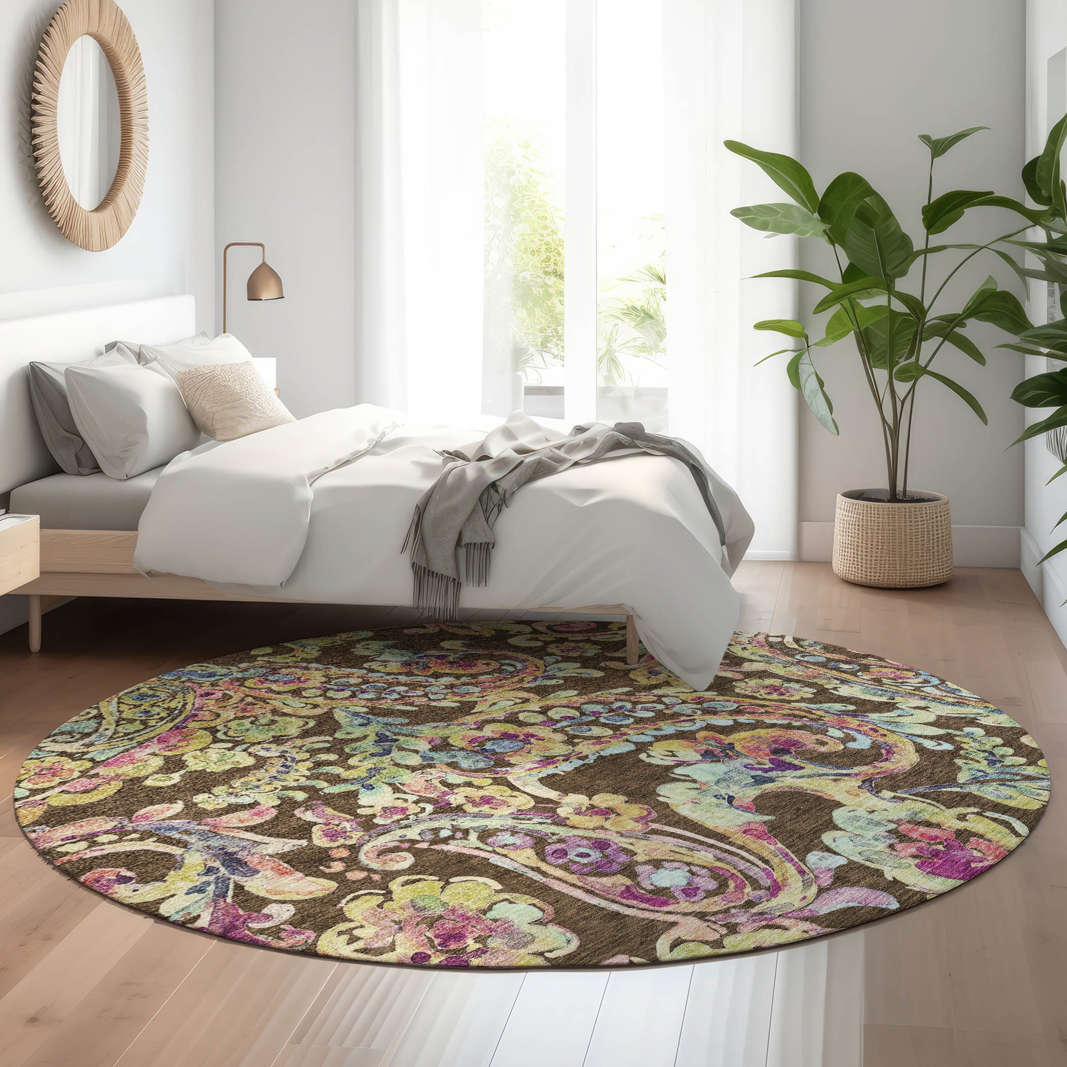 Chiang Mai Machine Washable Transitional Chocolate Brown Rug 8' x 8' #shape_Round