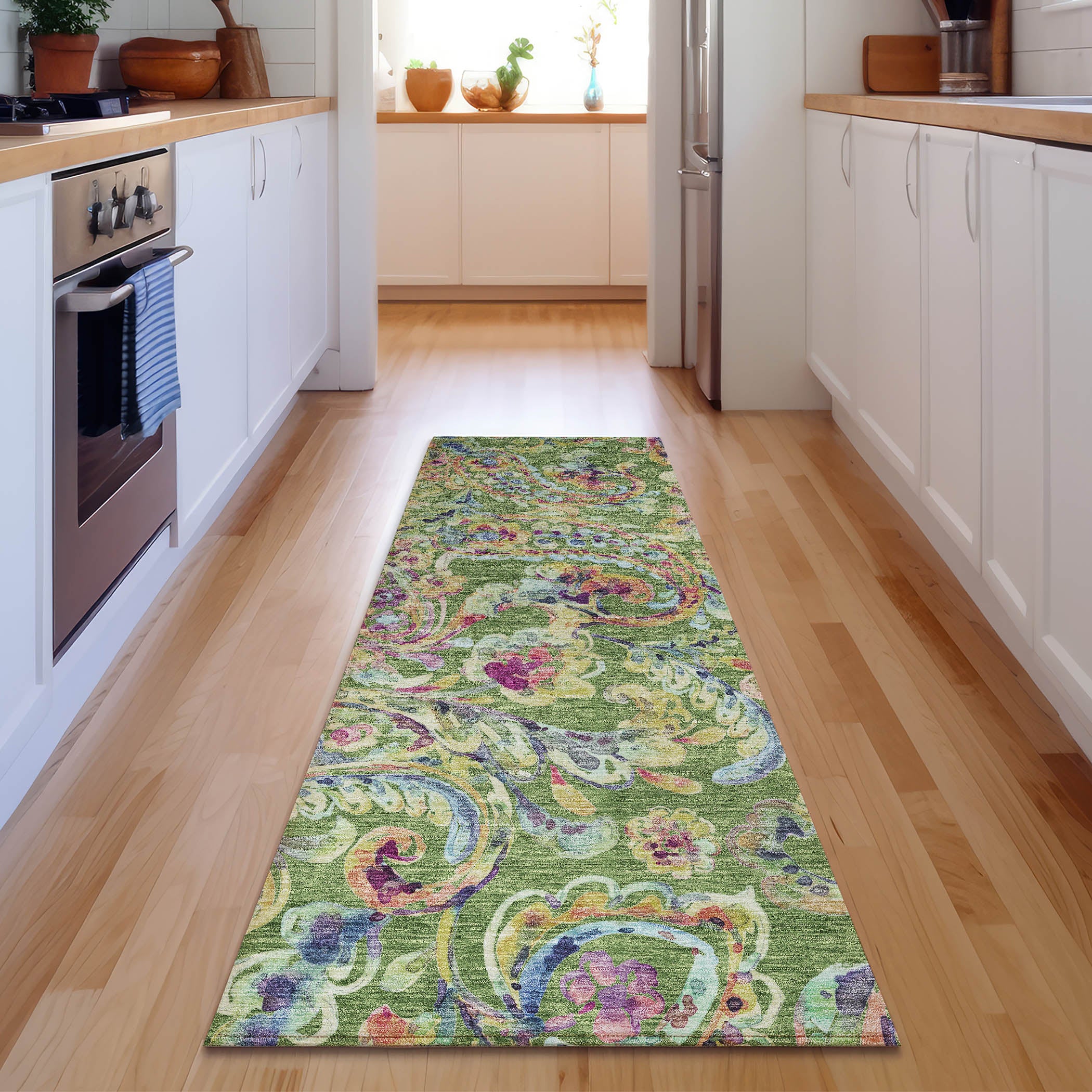 Chiang Mai Machine Washable Transitional Fern Green Rug 2'3" x 7'6" #shape_Runner