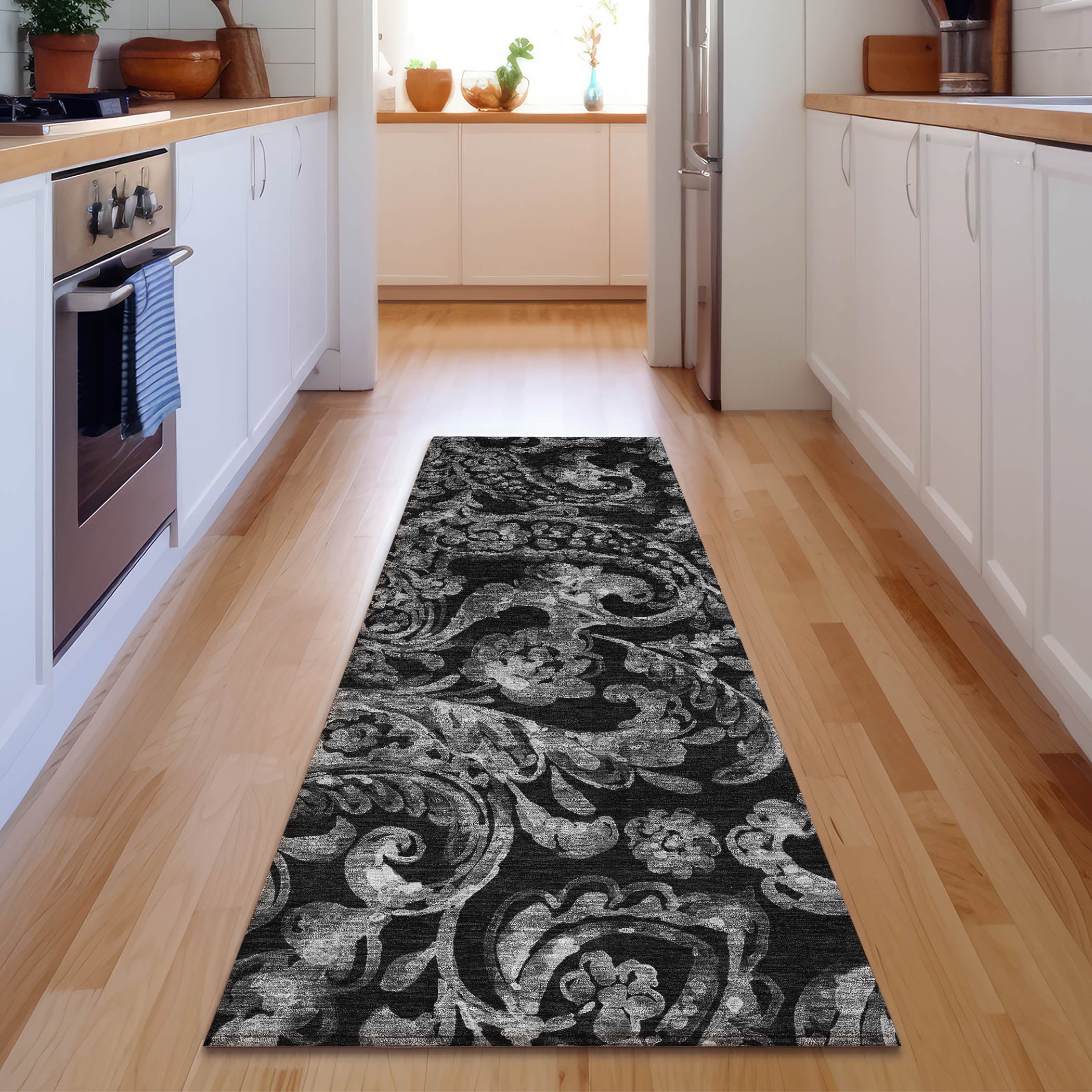 Budapest Machine Washable Transitional Black Rug 2'3" x 7'6" #shape_Runner