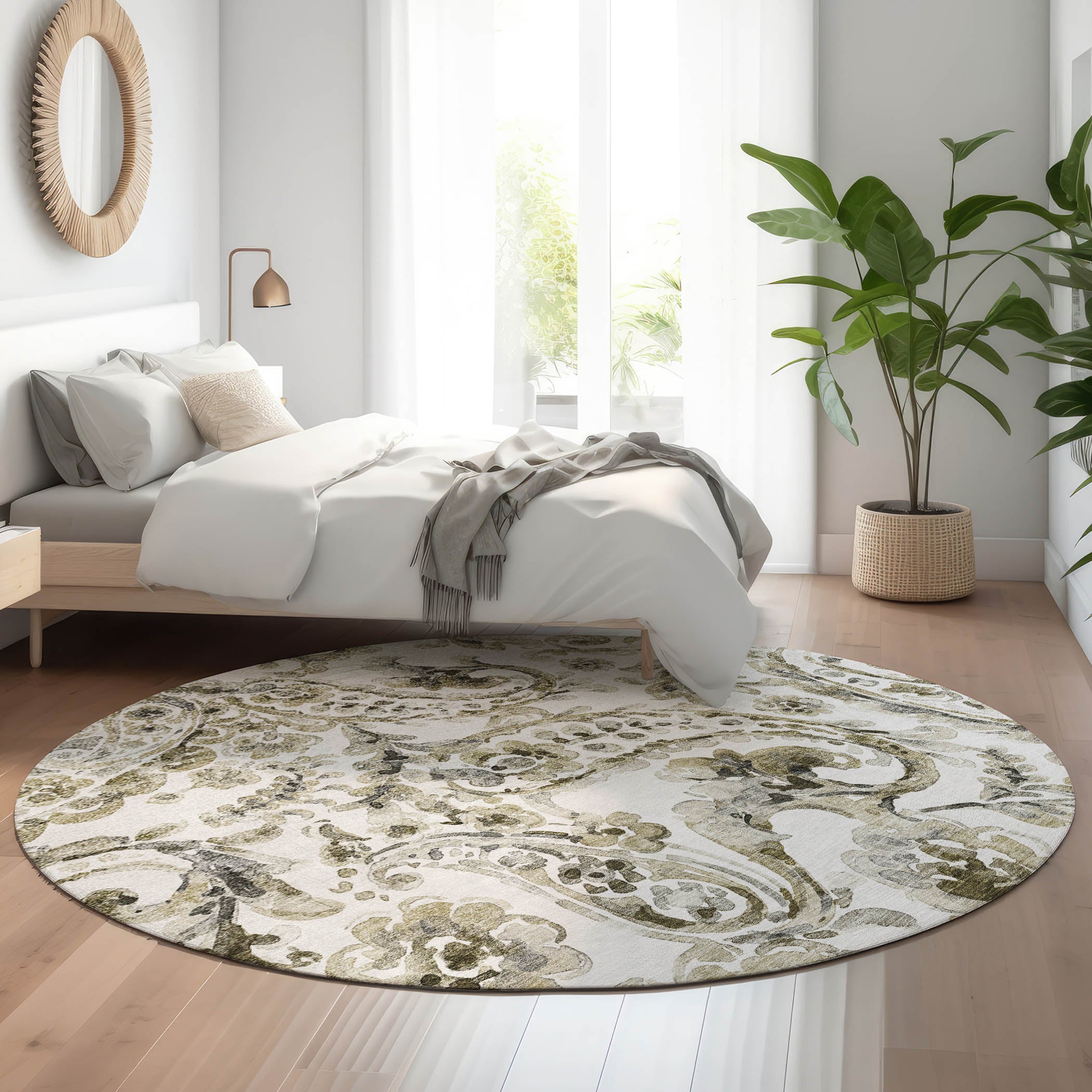 Budapest Machine Washable Transitional Brown Rug 8' x 8' #shape_Round