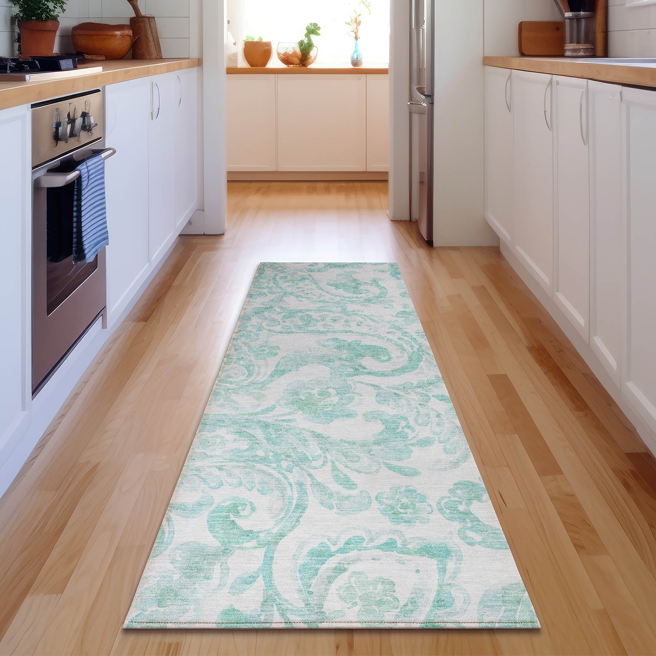 Budapest Machine Washable Transitional Turquoise Teal Rug 2'3" x 7'6" #shape_Runner