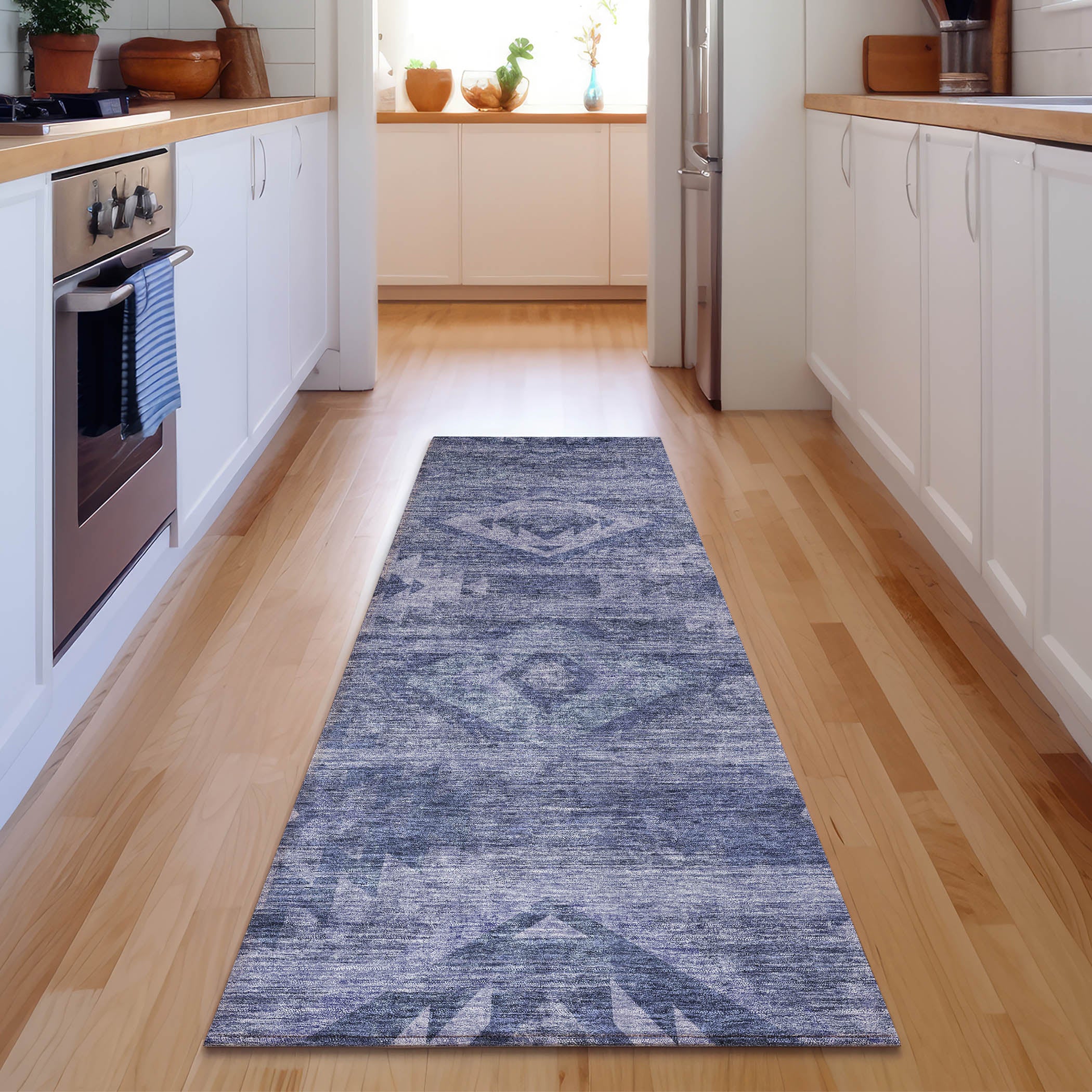 Santorini Machine Washable Transitional Navy Blue Rug 2'3" x 7'6" #shape_Runner