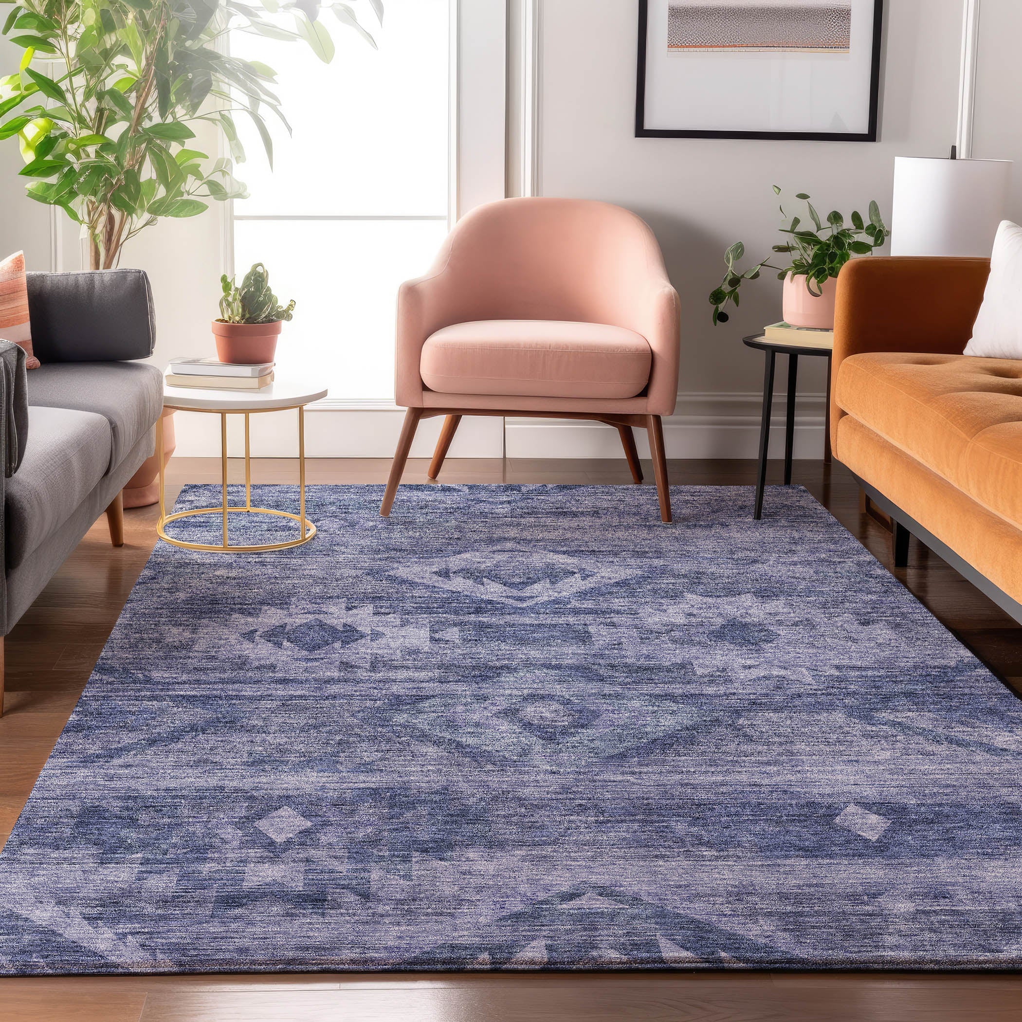 Santorini Machine Washable Transitional Navy Blue Rug 2'6" x 3'10" #shape_Rectangle